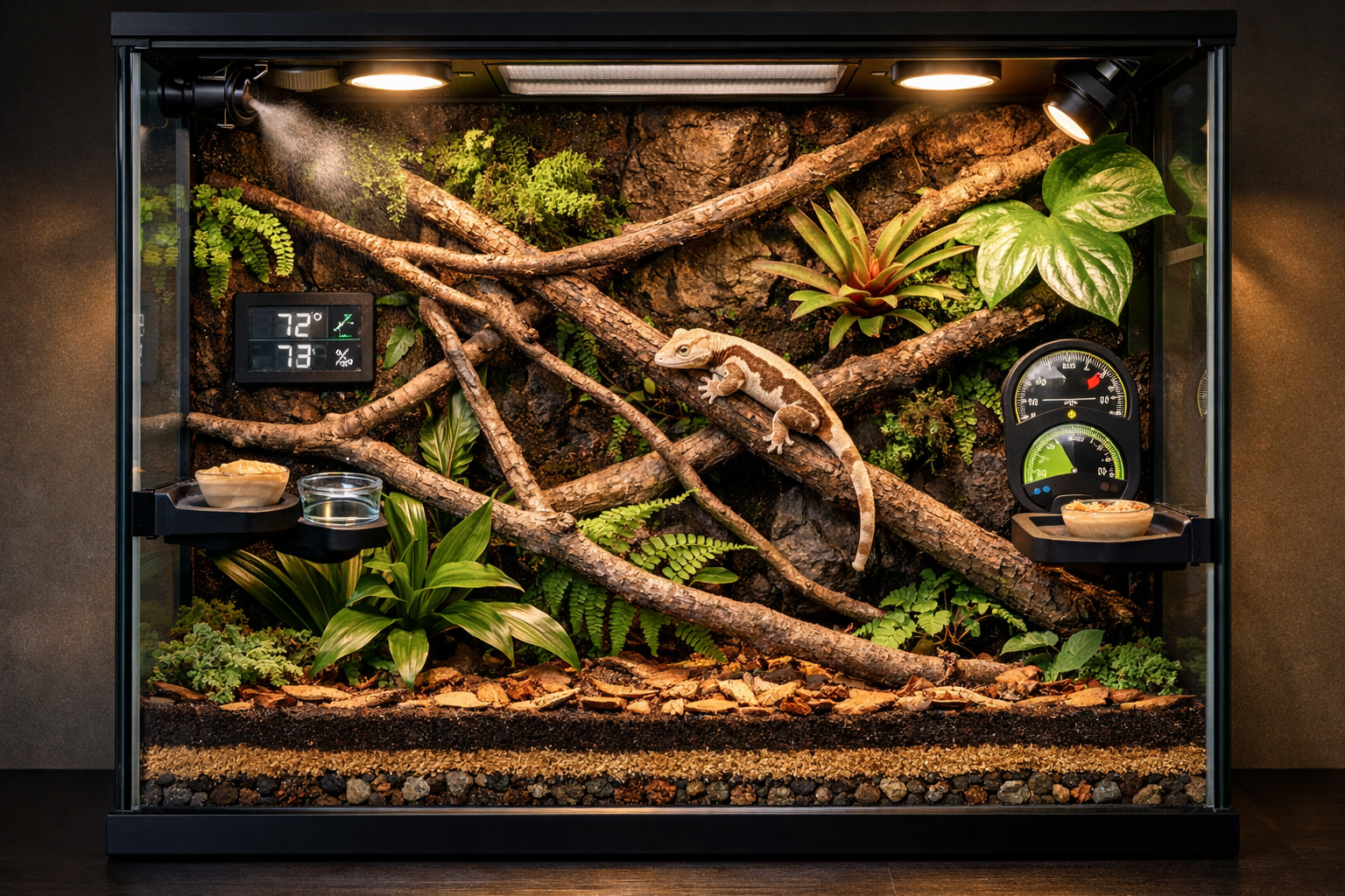 Landscape format (1536x1024) professional terrarium setup specifically designed for cappuccino crested geckos, featuring vertical glass encl