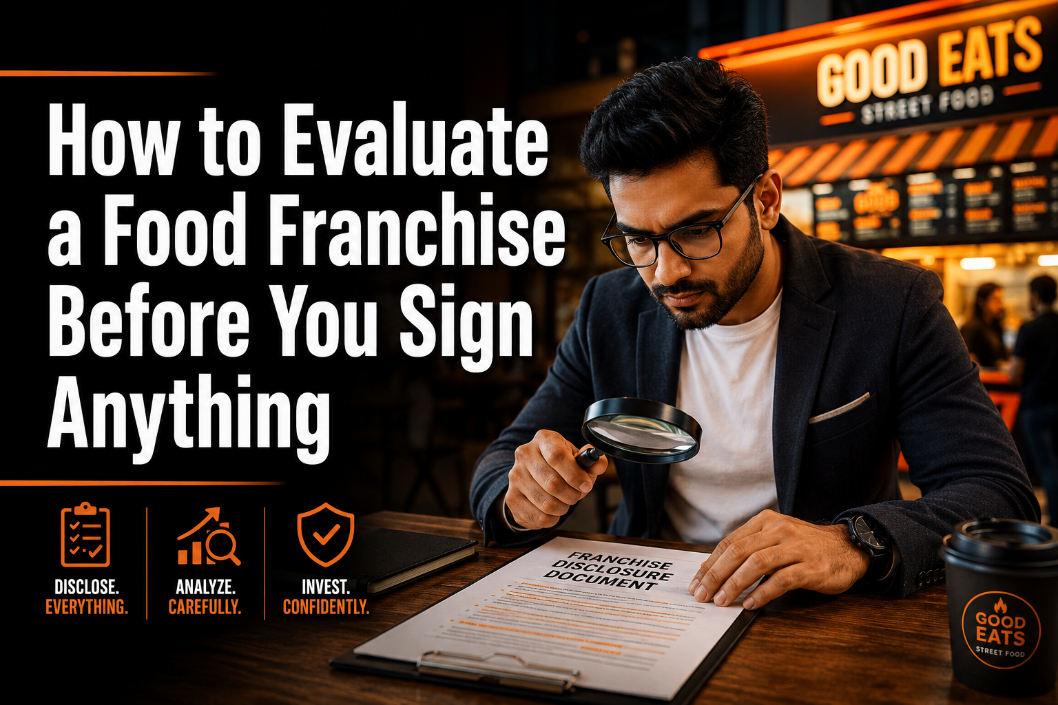Professional () hero image featuring 'How to Evaluate a Food Franchise Before You Sign Anything' in extra large white with a