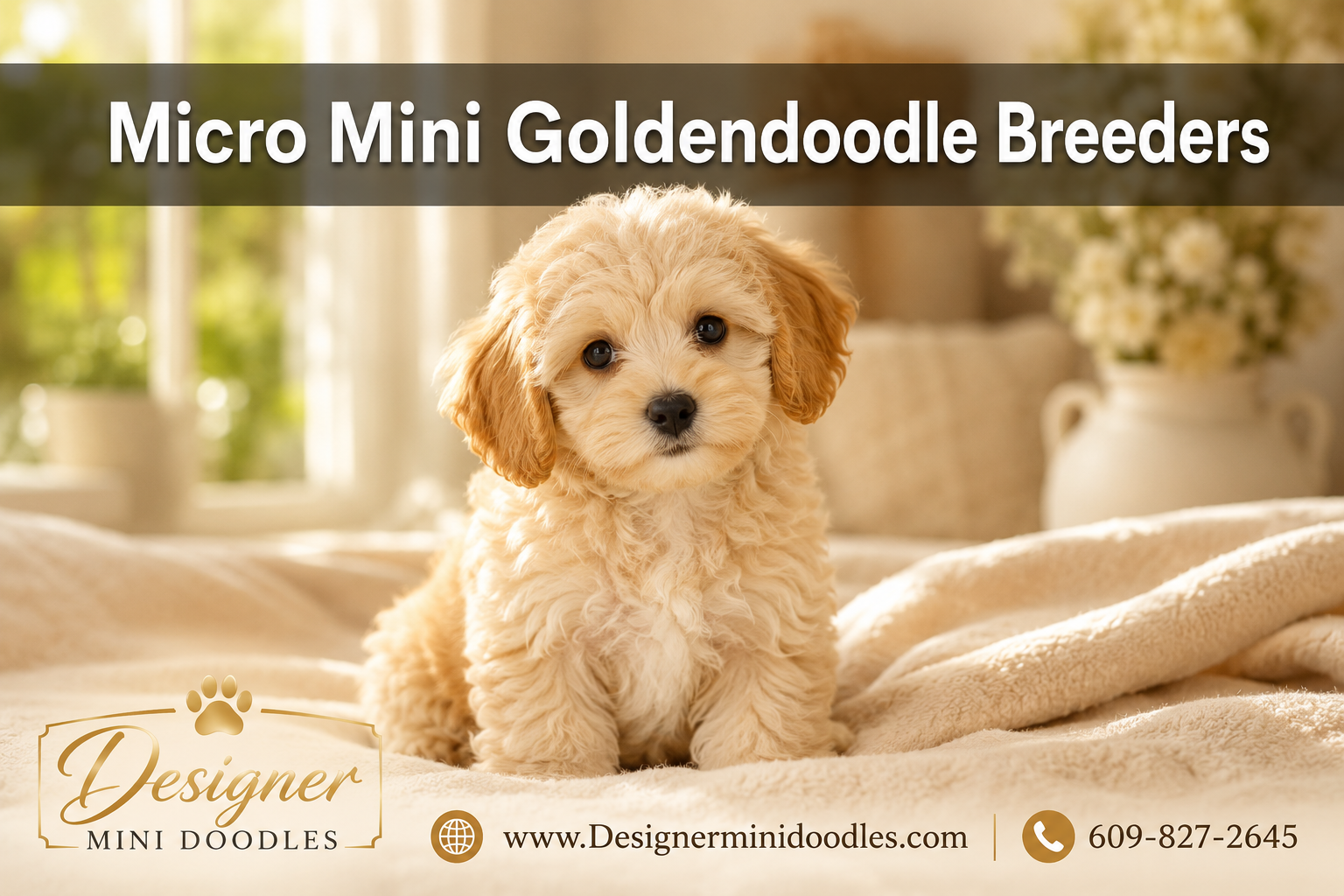 Professional () hero image with : 'Micro Mini Goldendoodle Breeders' in white with subtle drop , centered in upper third.