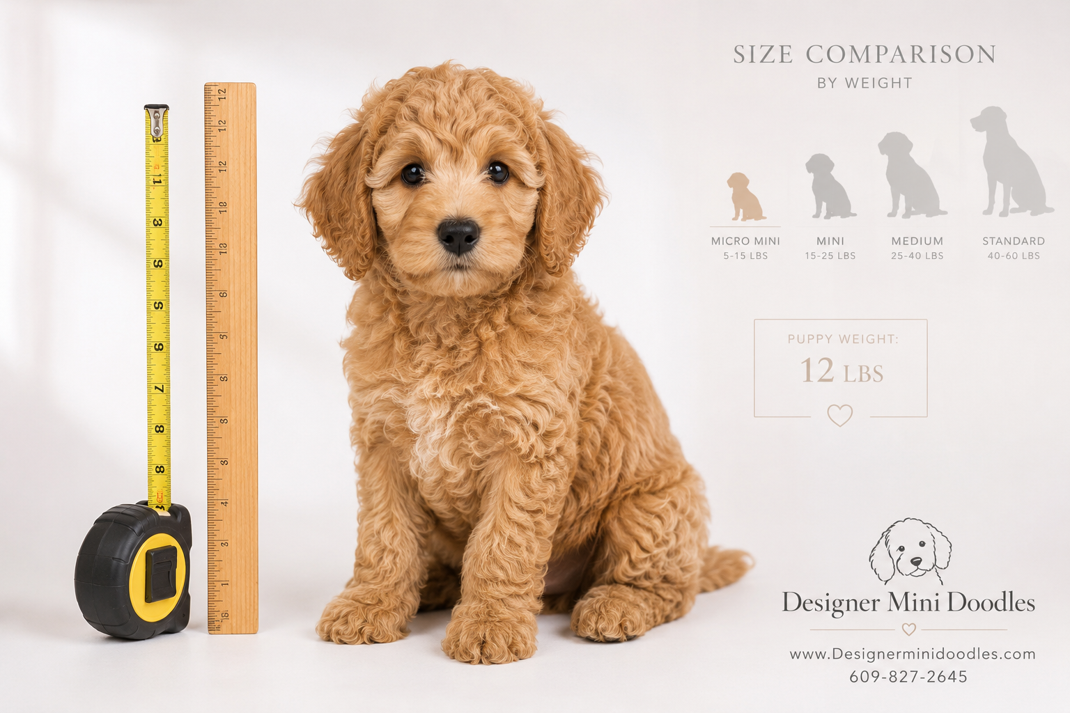 () editorial photo of a 12-pound apricot micro mini goldendoodle puppy sitting next to a measuring tape and a wooden ruler