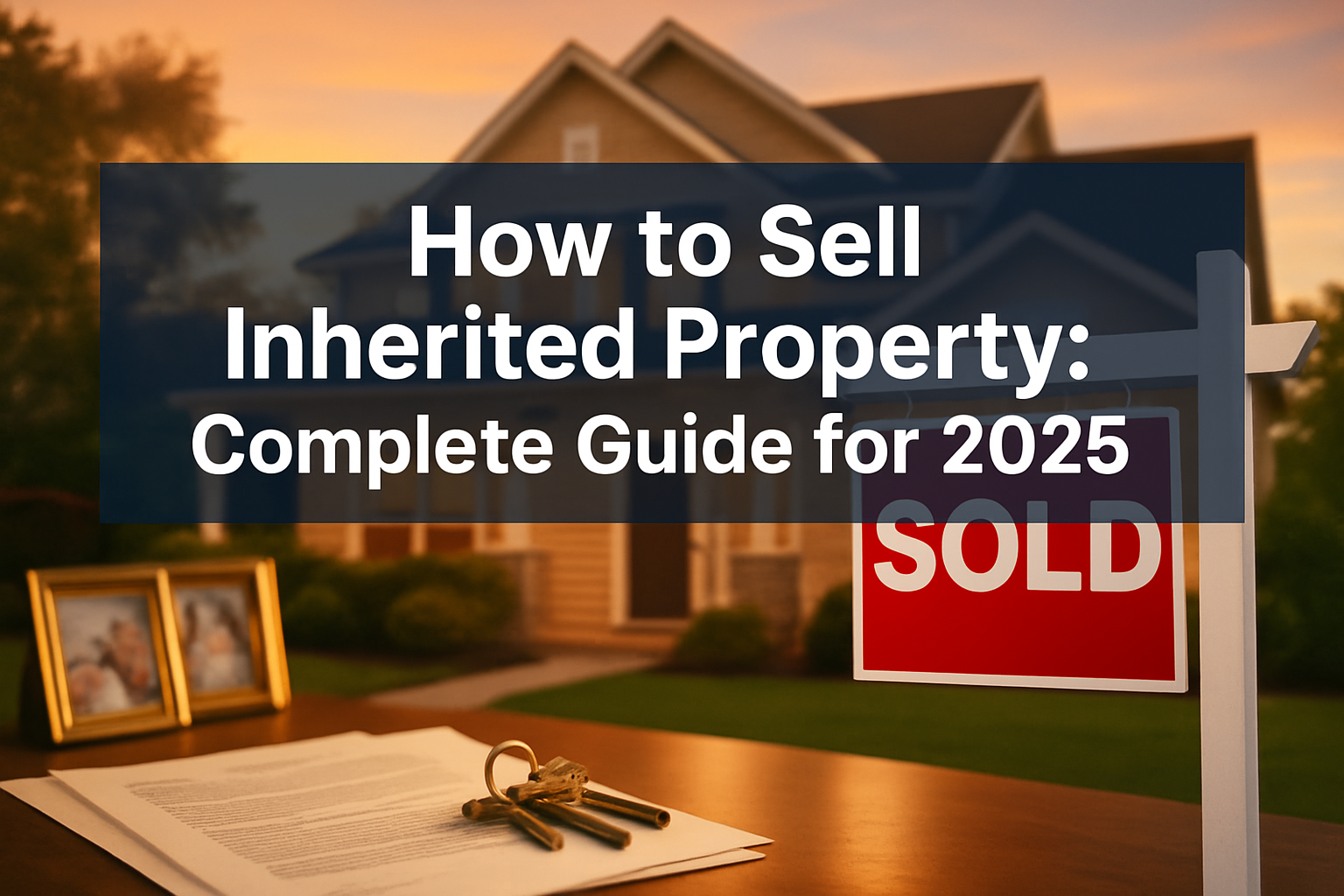 Professional landscape hero image (1536x1024) featuring bold text overlay 'How to Sell Inherited Property: Complete Guide for 2025' in extra
