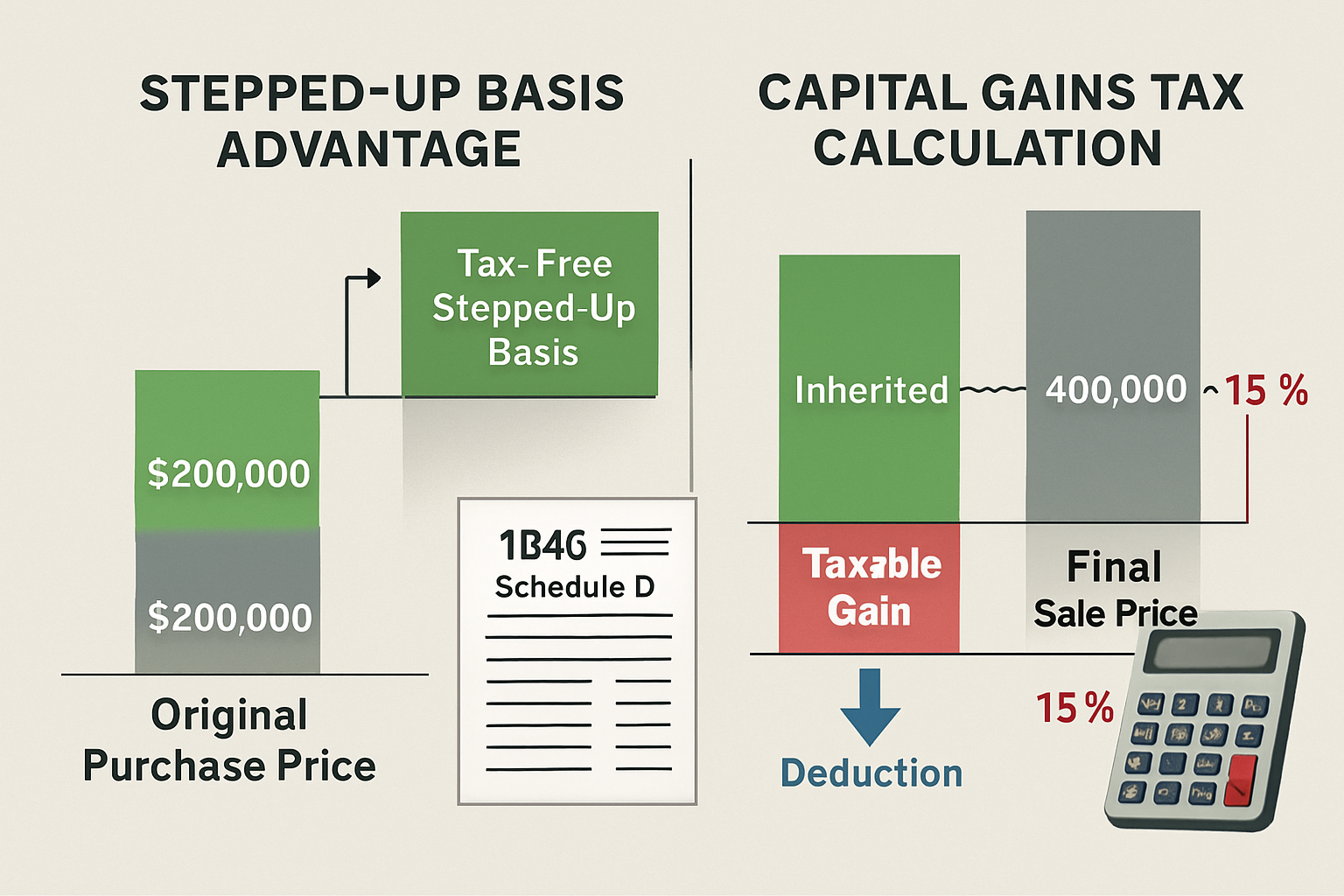 Comprehensive landscape diagram (1536x1024) showing capital gains tax calculation for inherited property with stepped-up basis concept. Visu