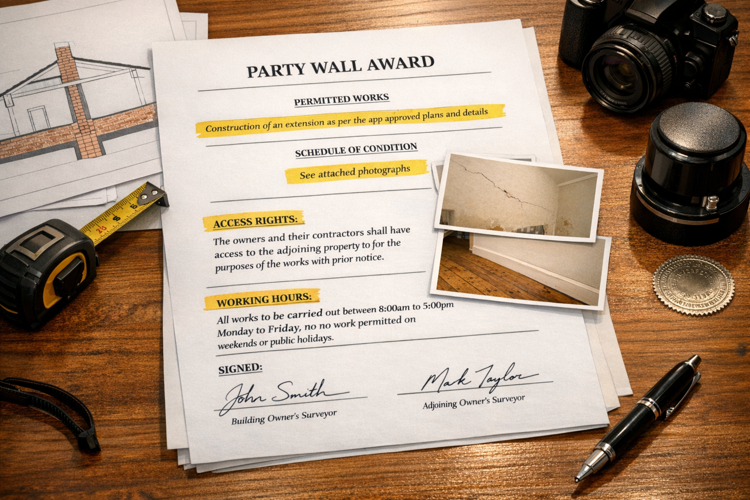 () close-up photograph of an official Party Wall Award document on wooden desk with key sections highlighted: permitted