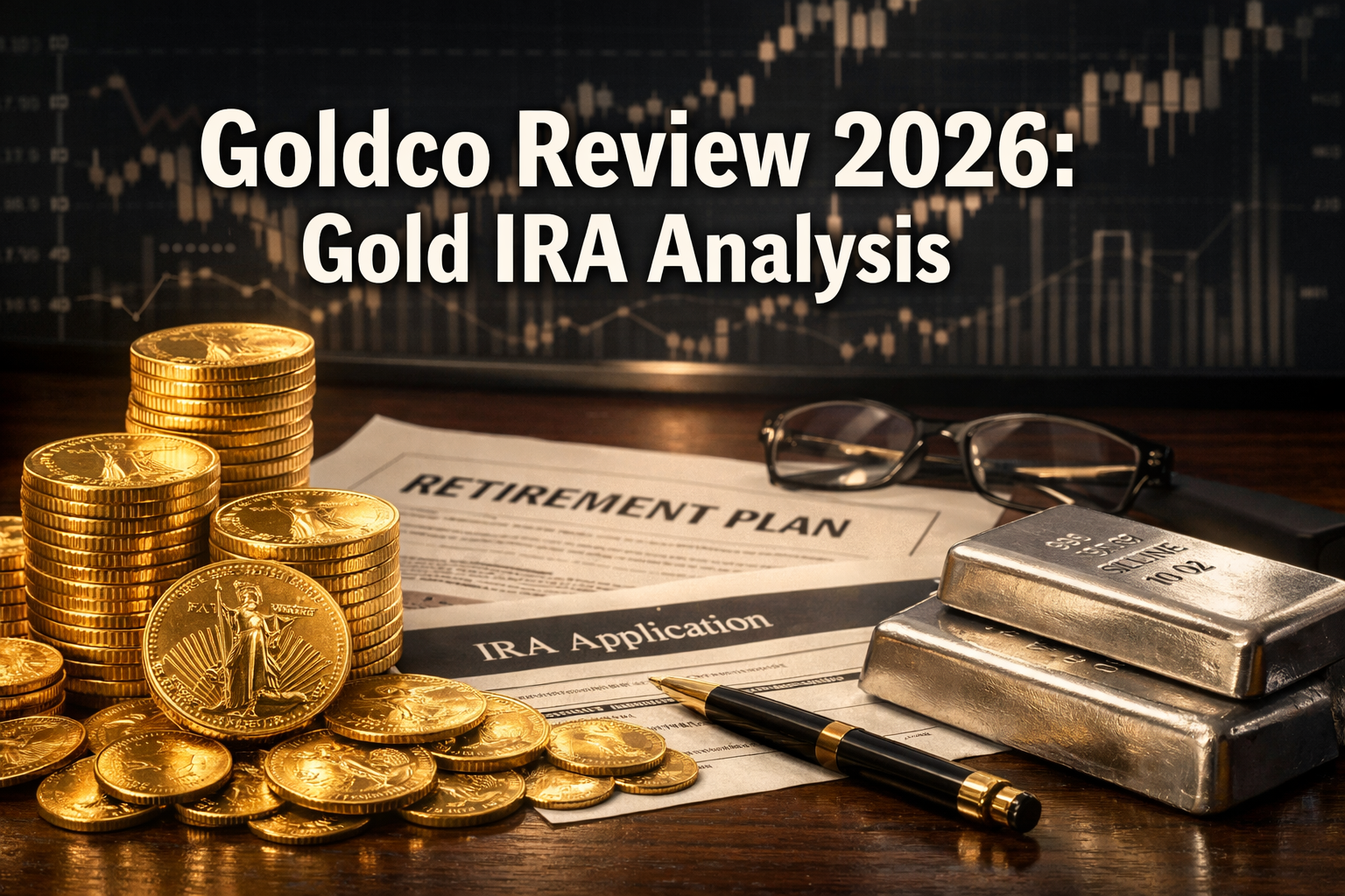 Professional landscape format (1536x1024) hero image featuring bold text overlay 'Goldco Review 2026: Gold IRA Analysis' in extra large 72pt