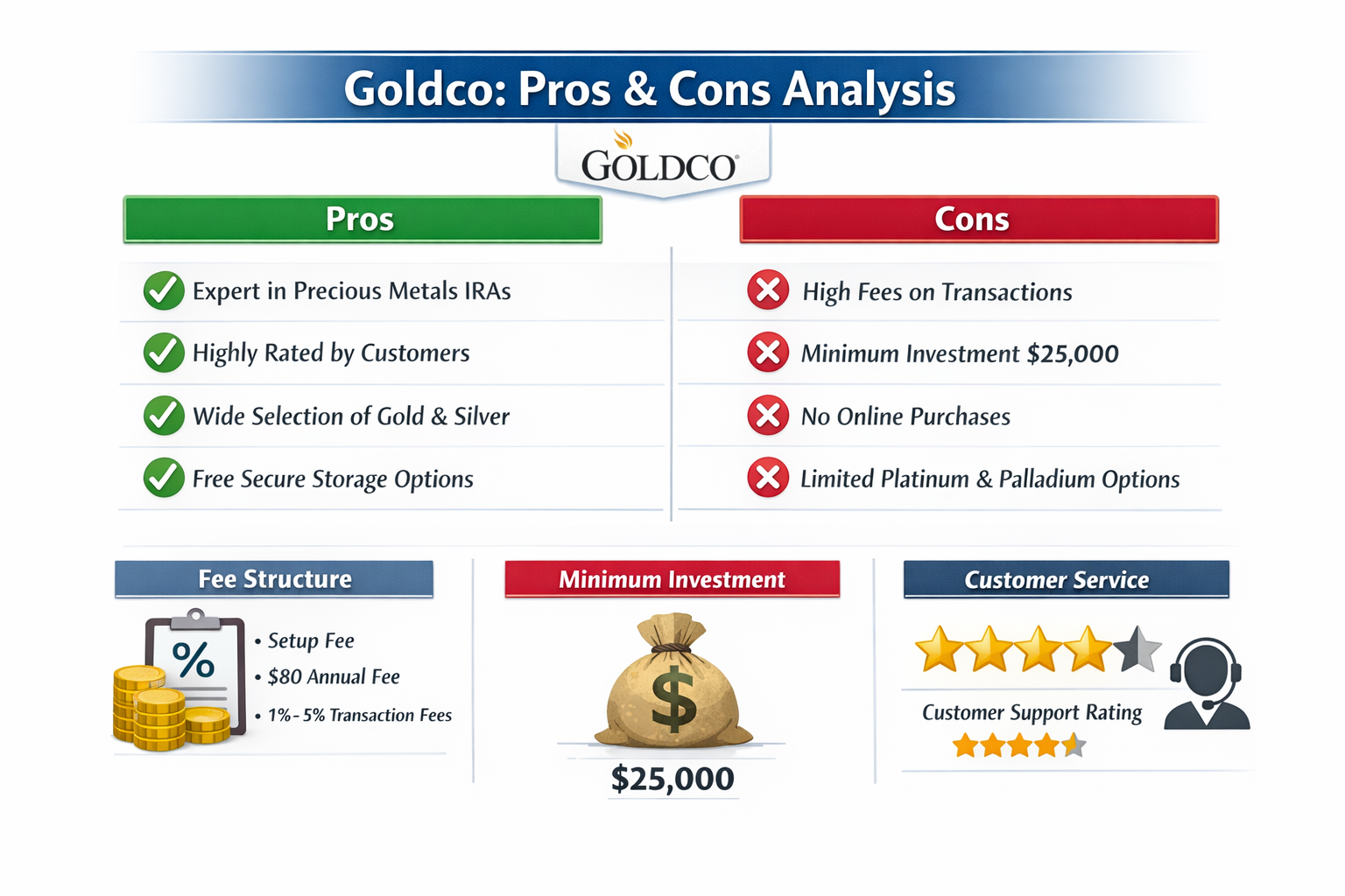 Comprehensive comparison chart image (1536x1024) showing pros and cons analysis with two-column layout, checkmarks and X marks, fee structur