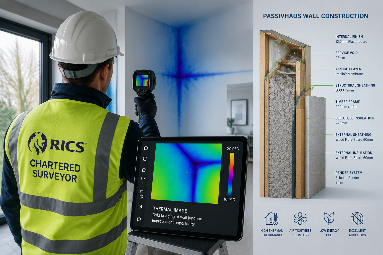Detailed () showing a RICS chartered surveyor in hard hat and hi-vis vest using a thermal imaging camera on the interior