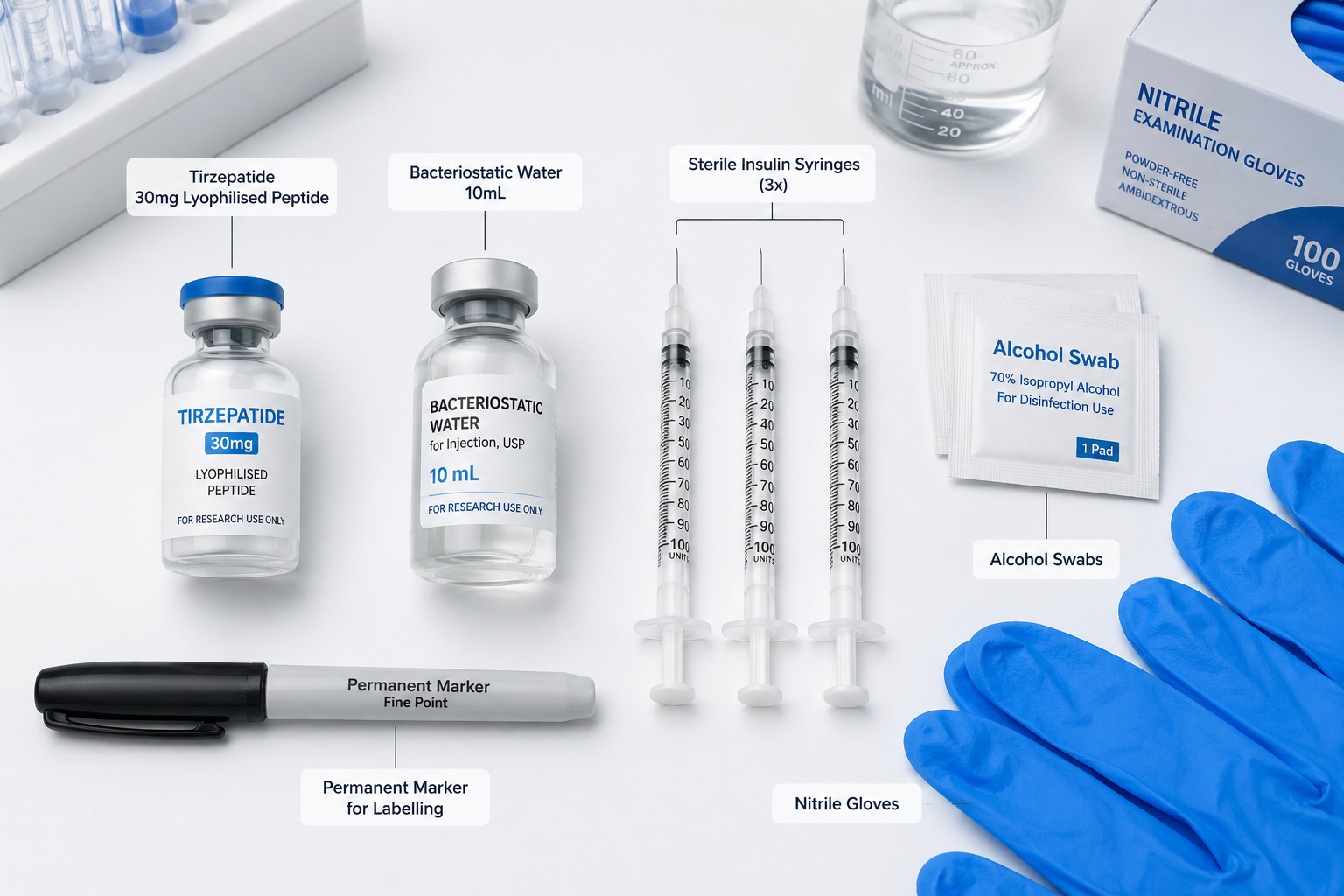 Detailed () flat-lay overhead shot of a complete tirzepatide reconstitution supply kit arranged on a white laboratory