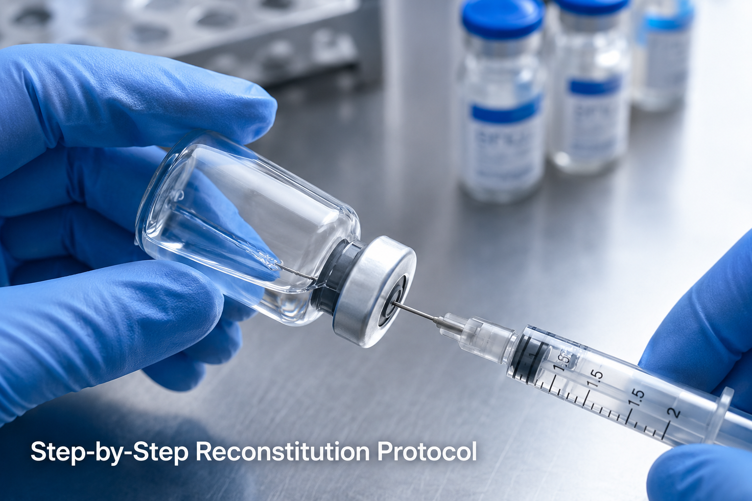 Detailed () close-up macro shot of gloved hands holding a glass research vial with a sterile syringe inserted through the
