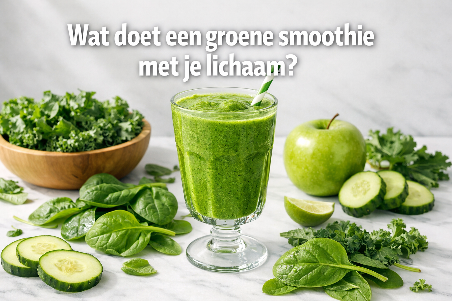 Professional landscape hero image (1536x1024) featuring bold text overlay 'Wat doet een groene smoothie met je lichaam?' in extra large 72pt