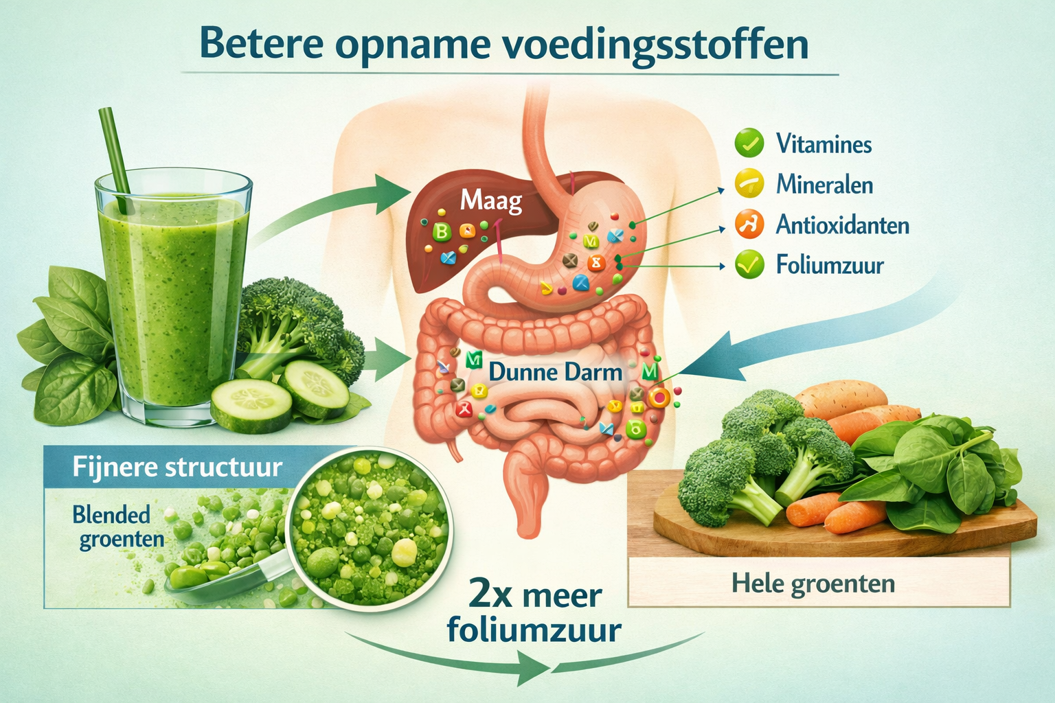 Detailed landscape infographic (1536x1024) showing digestive system illustration with green smoothie glass on left side, arrows pointing to
