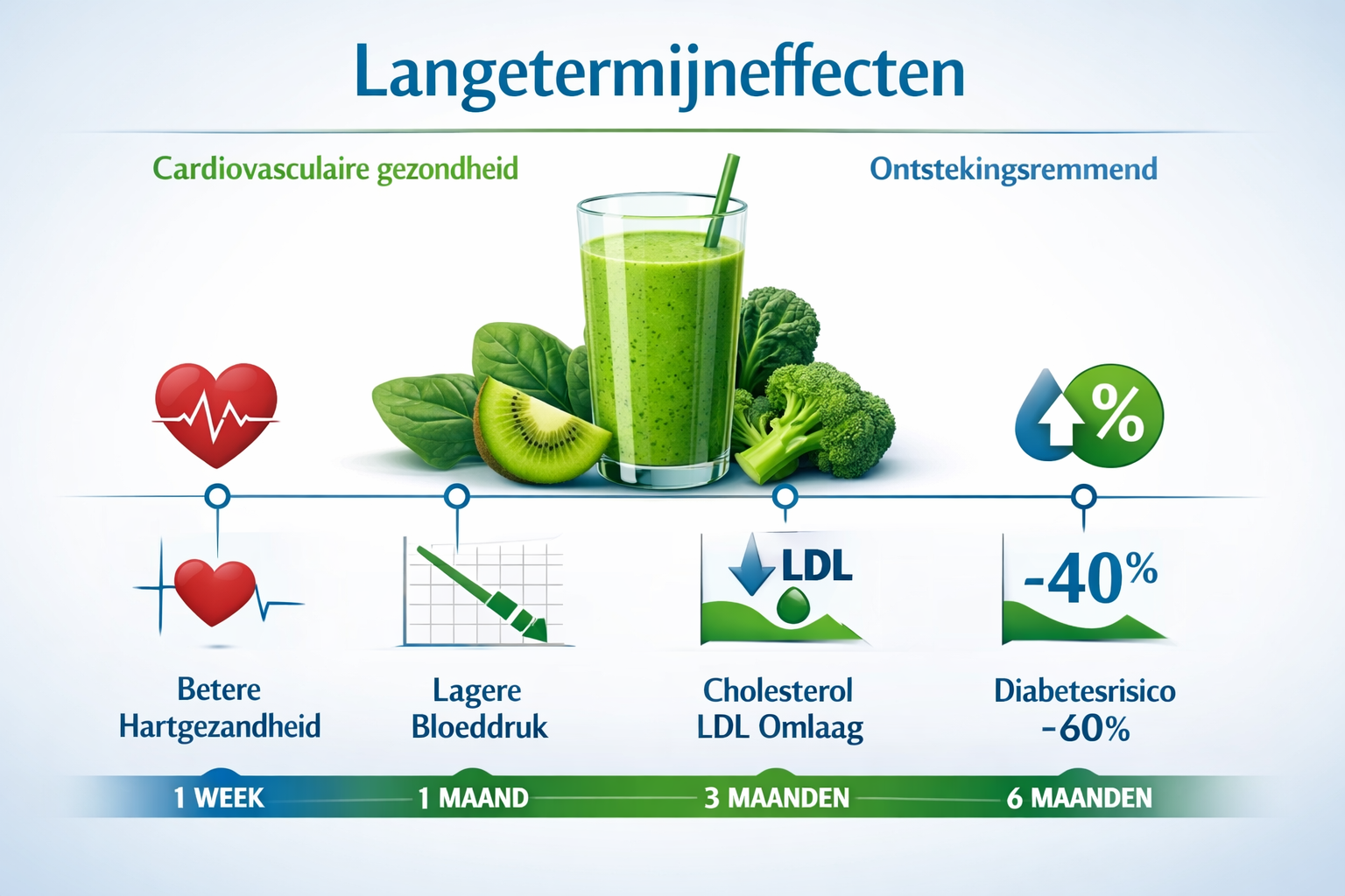 Professional landscape chart (1536x1024) showing long-term health benefits timeline. Horizontal timeline from 1 week to 6 months with icons