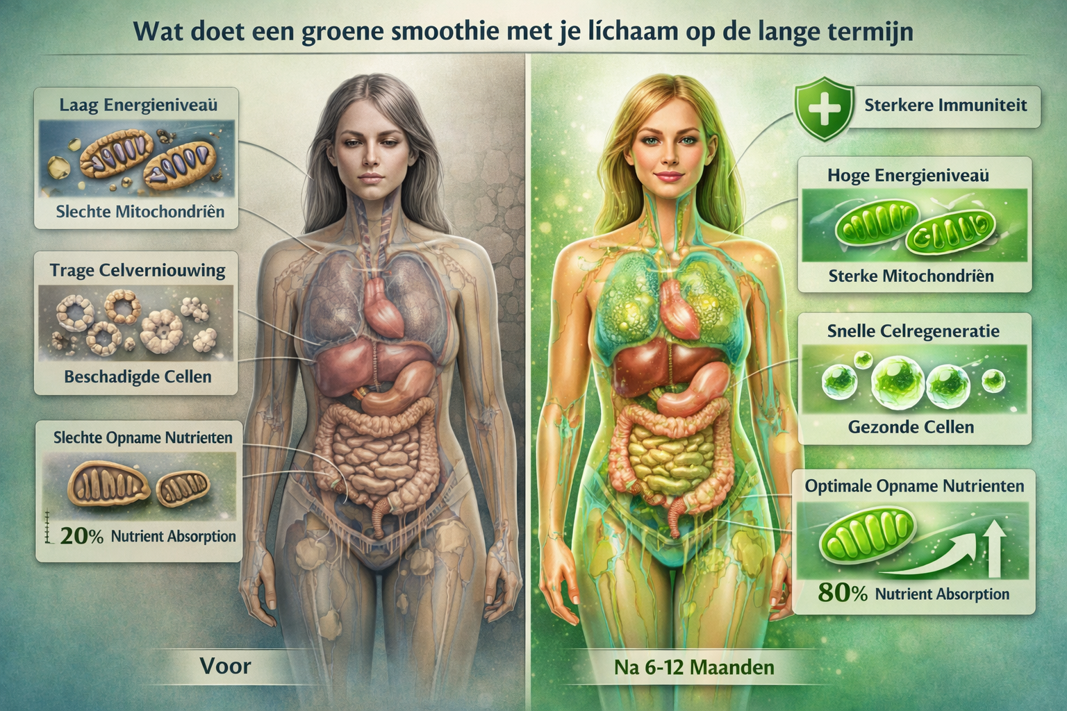 Detailed medical illustration showing long-term health transformation from consistent green smoothie consumption, highlighting cellular rege