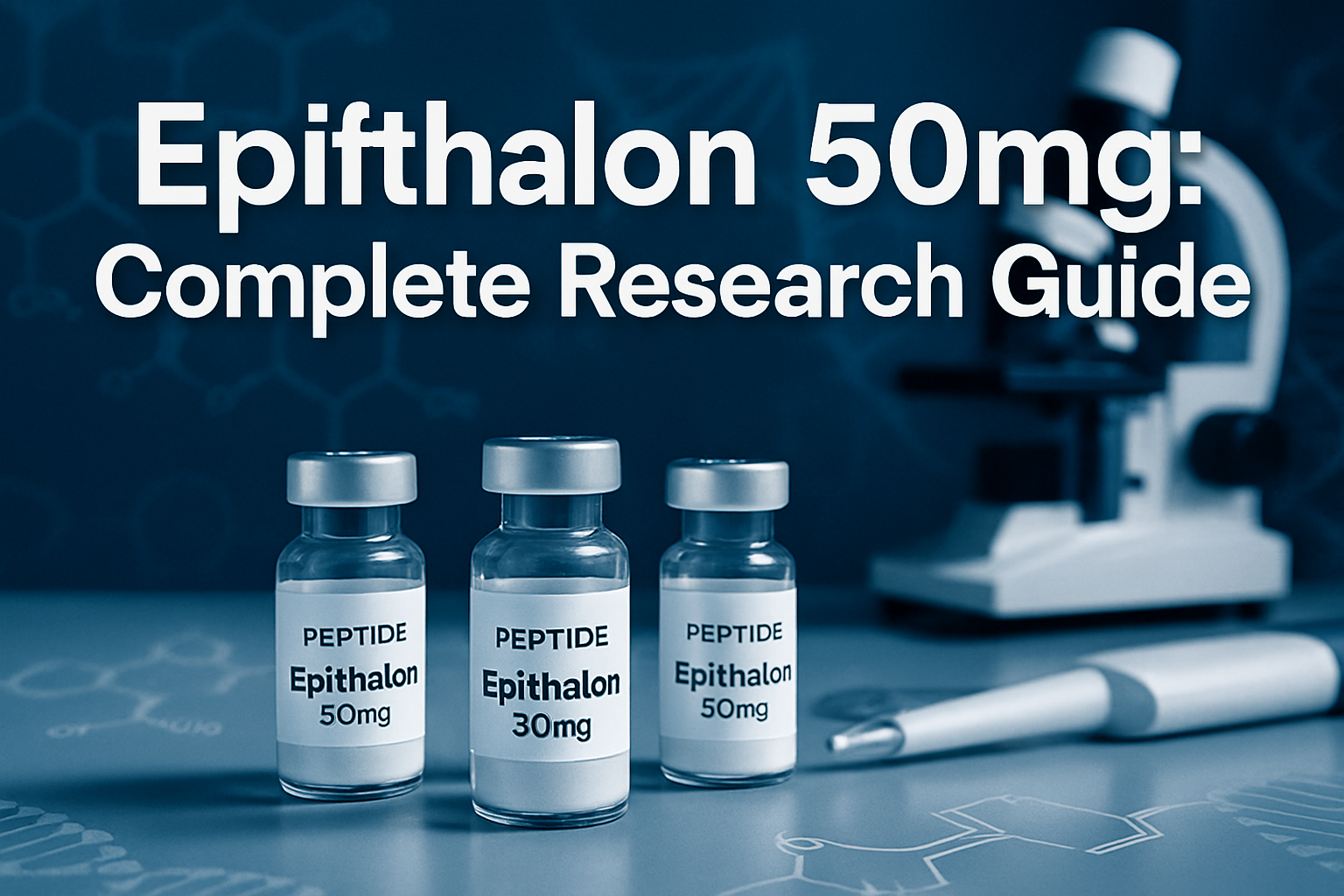 Professional landscape hero image (1536x1024) featuring bold text overlay 'Epithalon 50mg: Complete Research Guide' in extra large 72pt whit