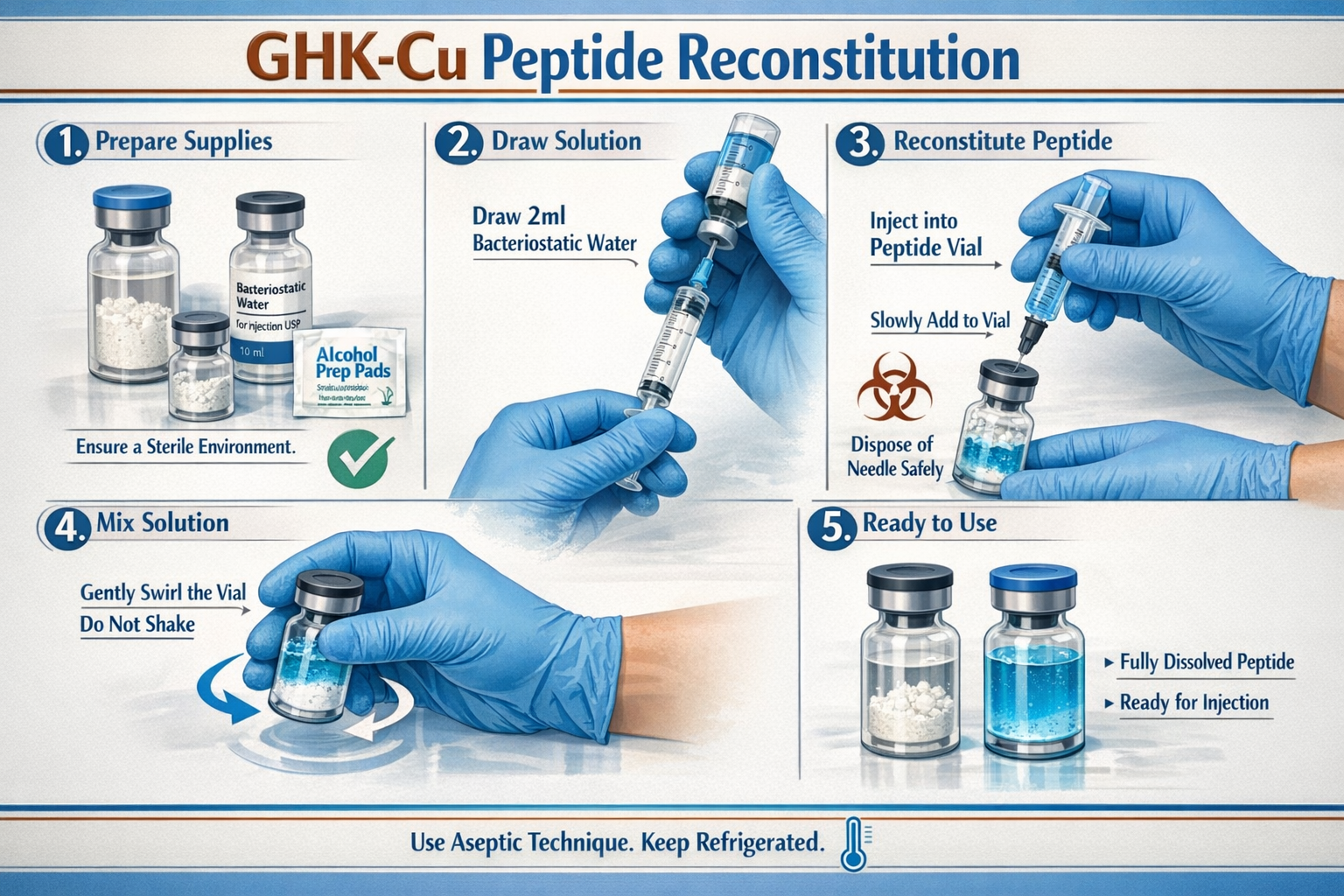 Detailed infographic illustration (1536x1024) showing step-by-step GHK-Cu peptide reconstitution process with numbered stages 1-5, clear gla