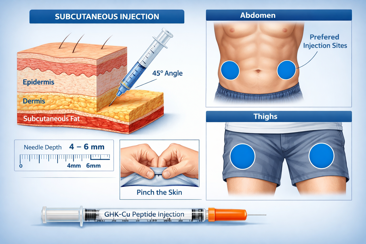 Professional medical diagram (1536x1024) displaying proper subcutaneous injection technique for GHK-Cu peptide with anatomical cross-section