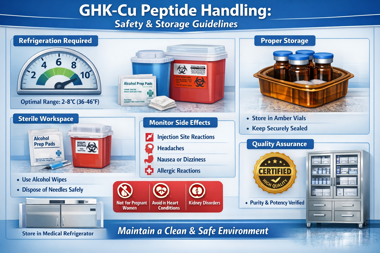 Safety and storage guidelines visual (1536x1024) showing proper GHK-Cu peptide handling with refrigerator temperature gauge displaying 2-8°C