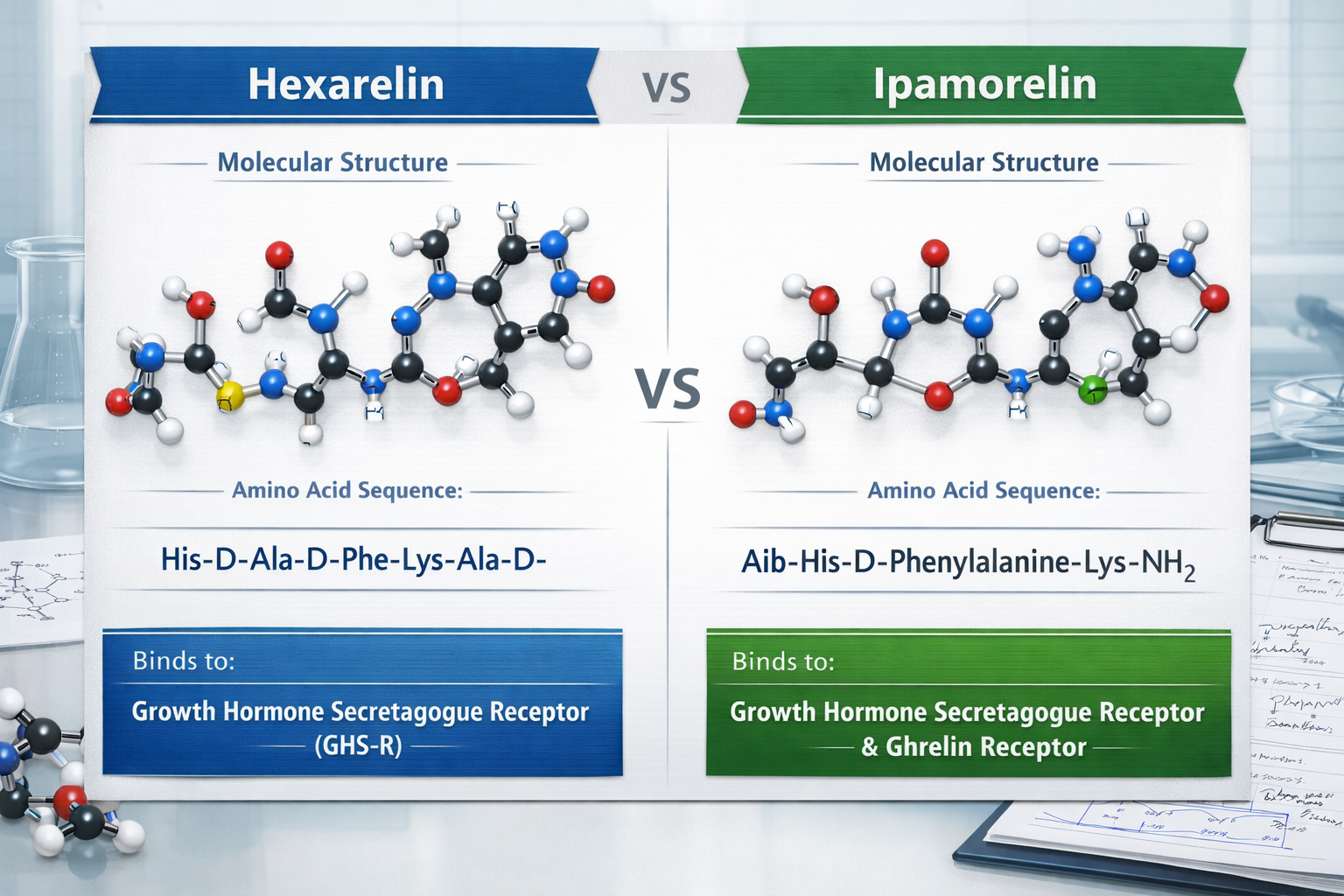 Scientific comparison infographic showing two peptide molecular structures side by side, labeled Hexarelin and Ipamorelin, with detailed che