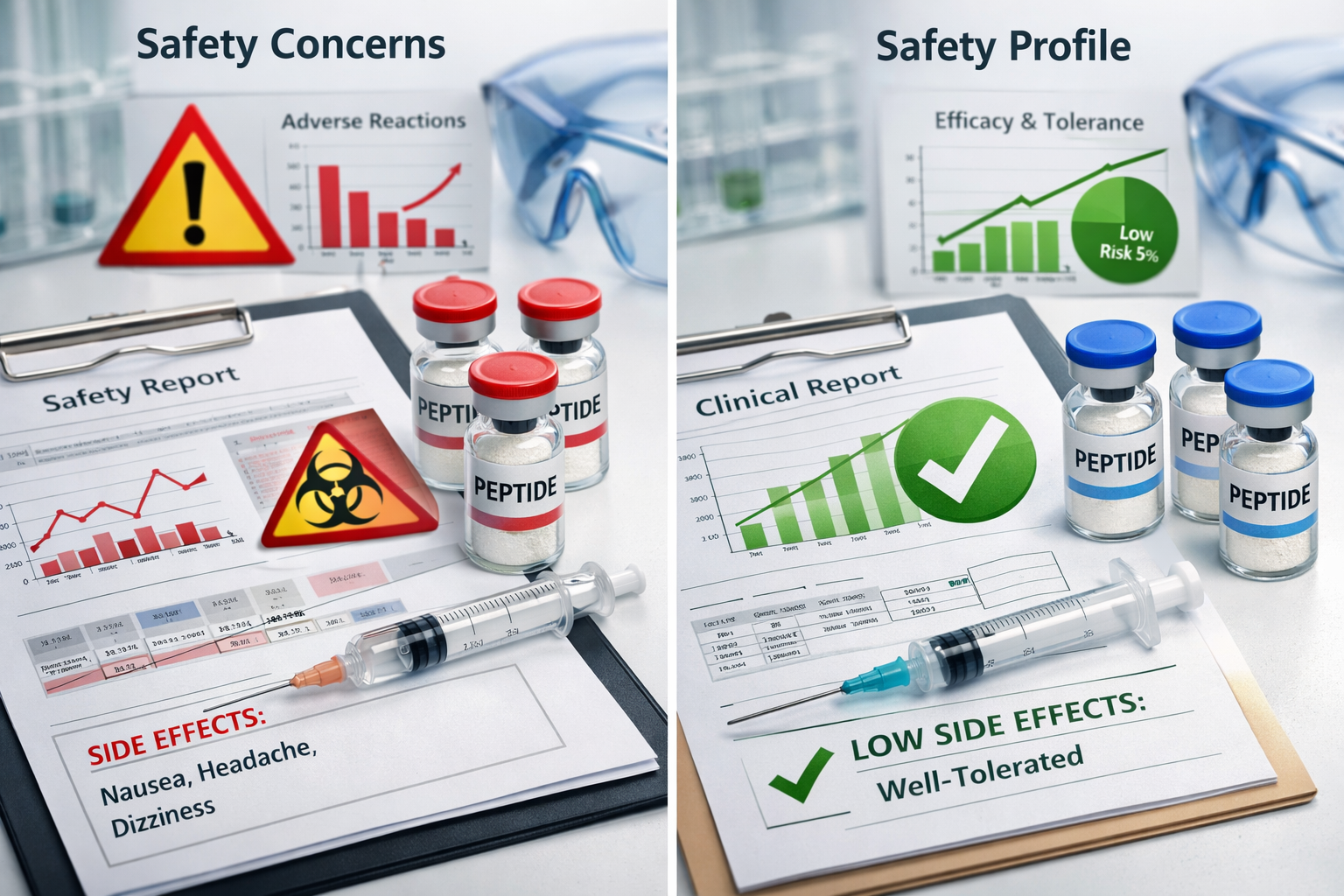Professional research laboratory scene showing peptide vials, syringes, and scientific documentation. Split composition comparing safety pro