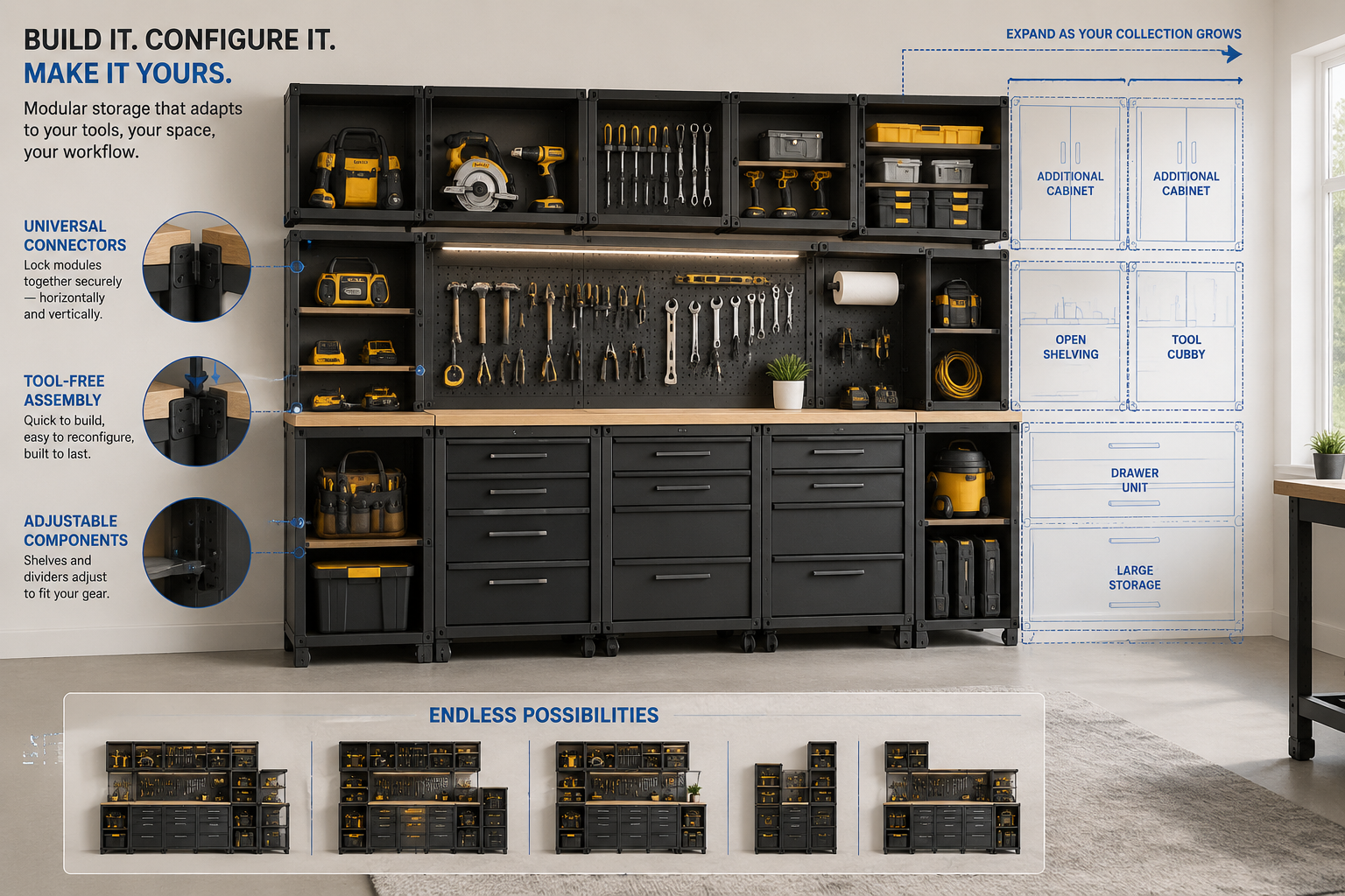 () image illustrating various modular cabinet components, such as drawer units, open shelving, and tool cubbies, arranged in