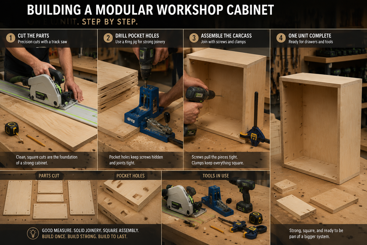 () image depicting the step-by-step construction of a single modular workshop cabinet unit. Focus on key assembly stages: