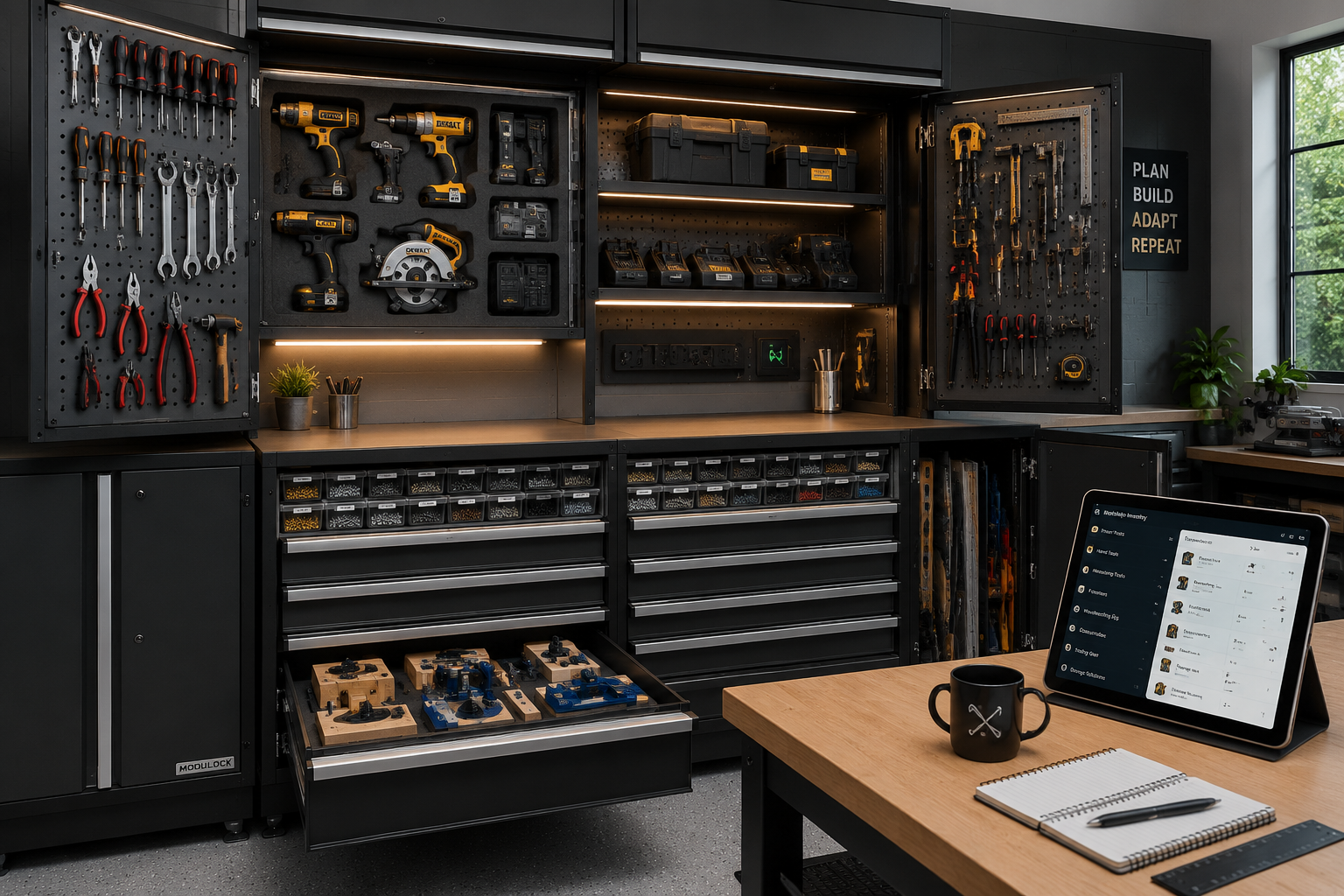 () image showcasing a fully installed and optimized modular workshop cabinet system with various internal organizers: