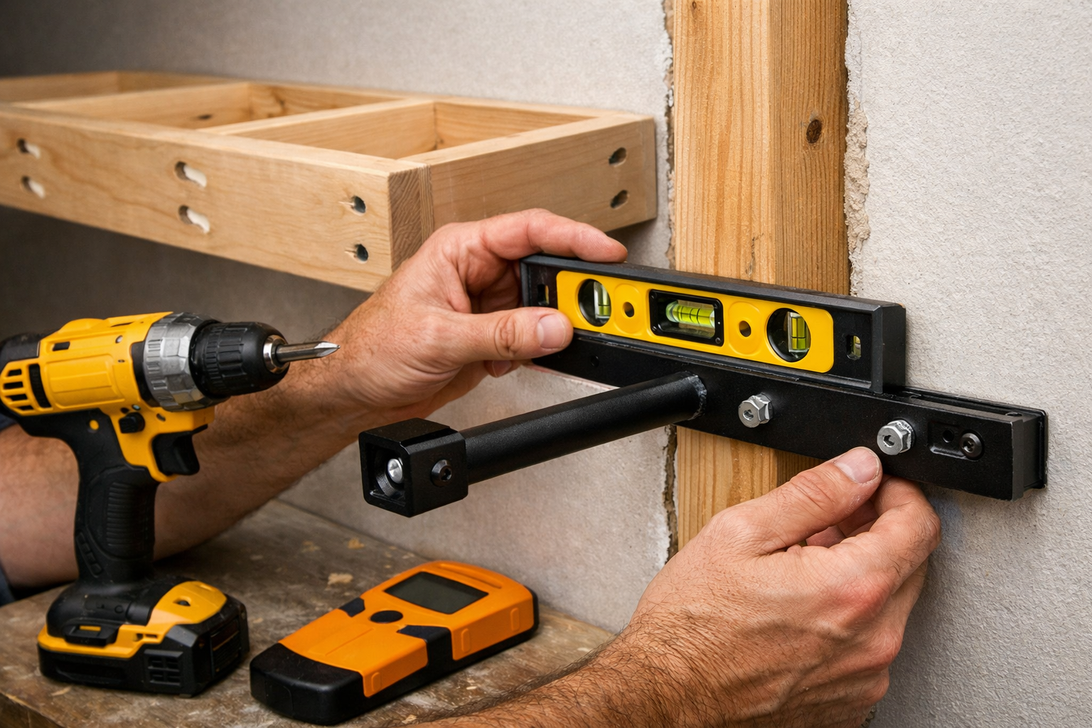 () image focusing on a close-up of a floating shelf mounting bracket being installed into a wall stud. The image highlights
