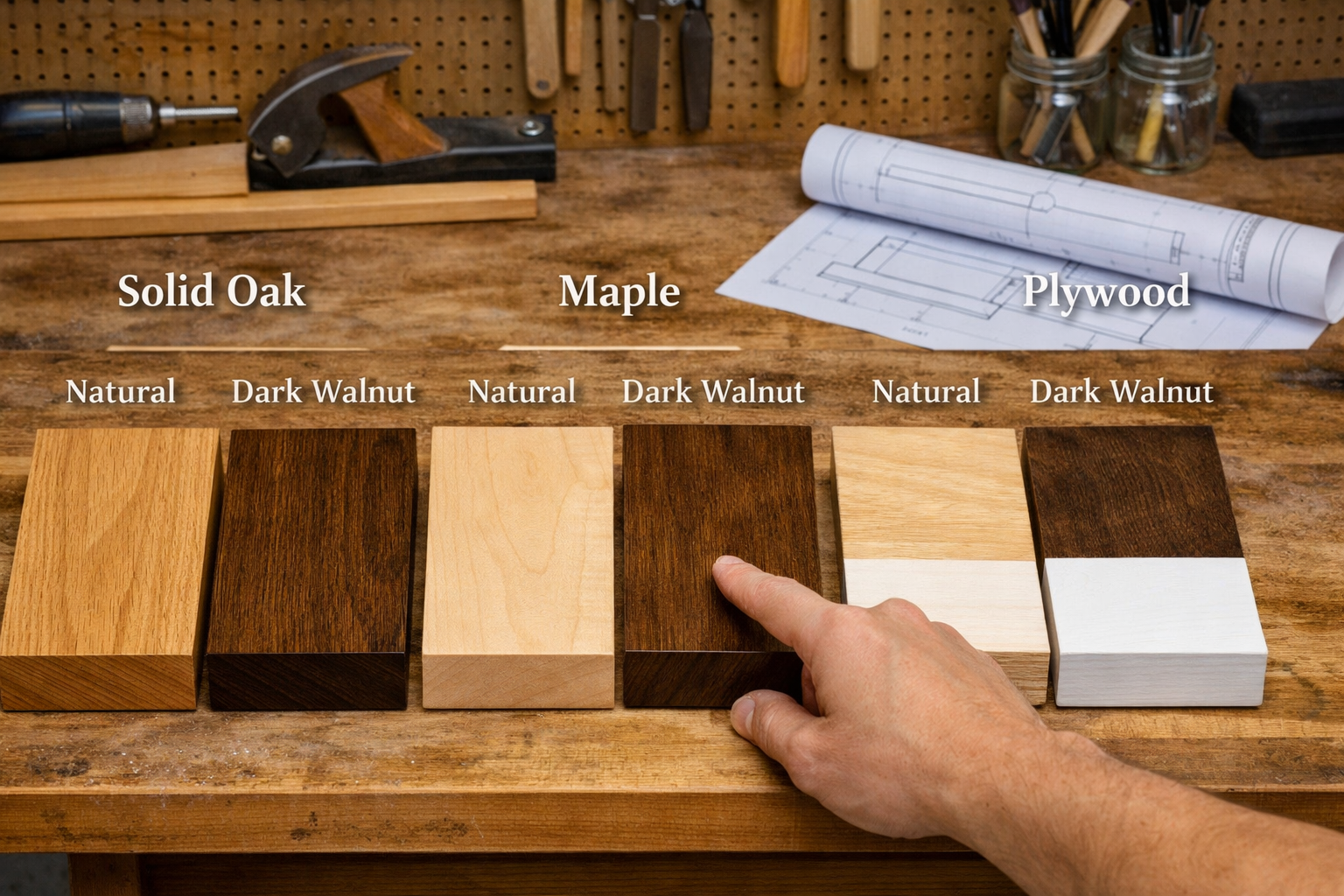 () image depicting various wood types and finishes suitable for DIY floating shelves. On a workbench, samples of solid oak,