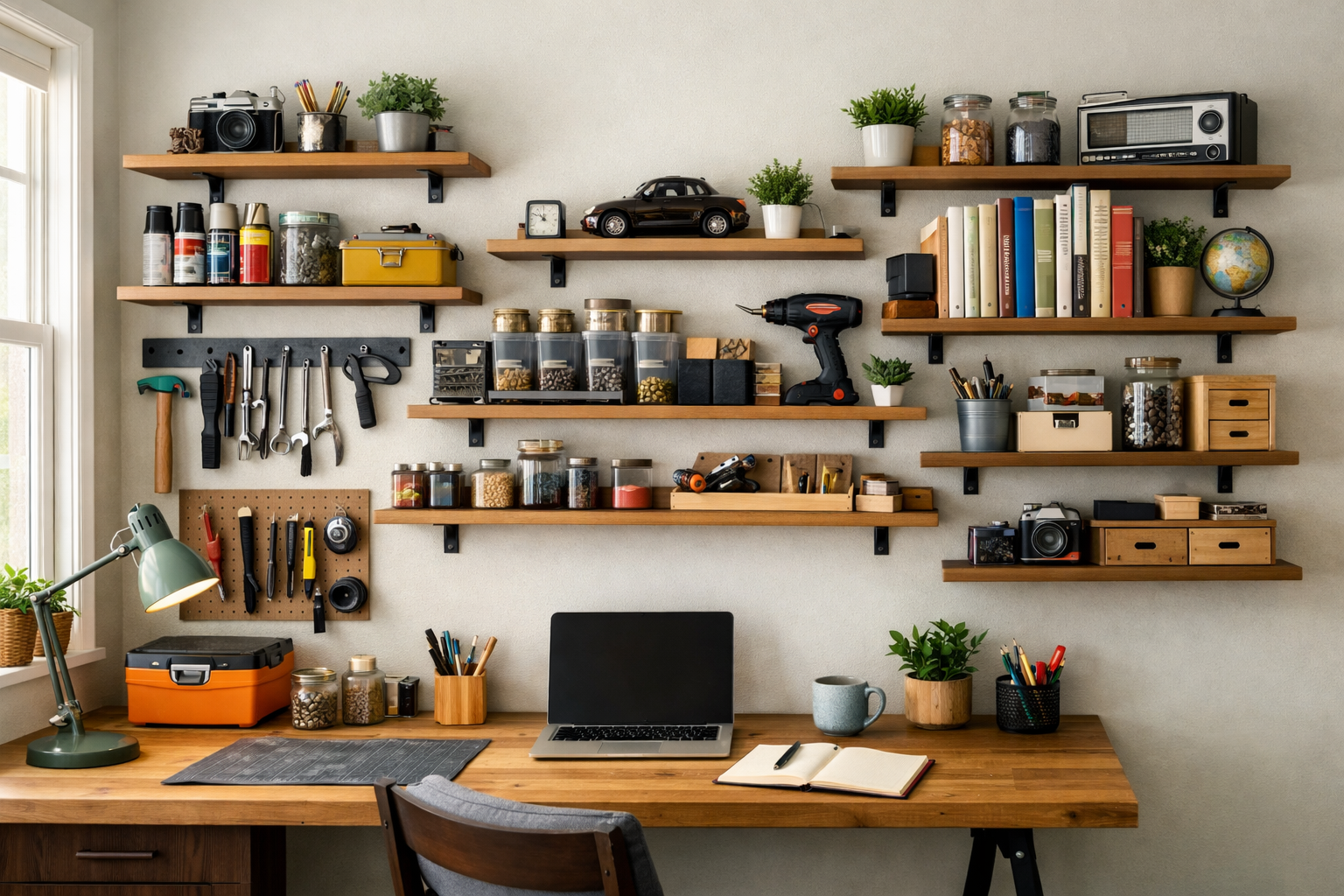 () image showcasing a finished small workshop or home office space creatively organized with DIY floating wall shelves. The
