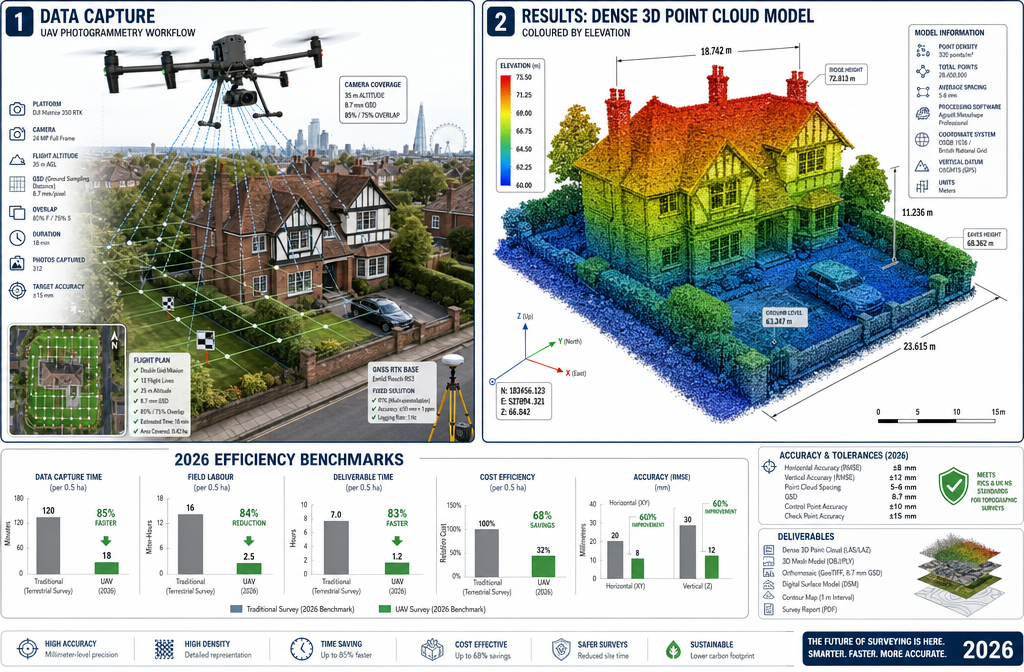 Detailed () infographic-style illustration showing a split-scene comparison: left side displays a UAV drone mid-flight over