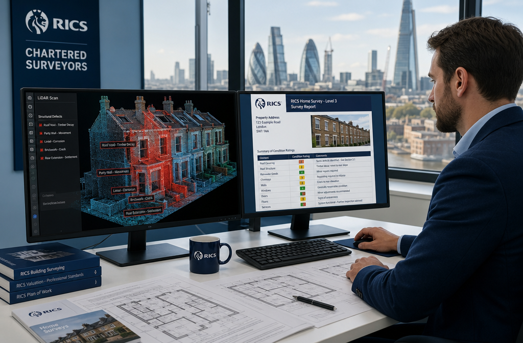 Detailed () professional scene showing a chartered surveyor at a modern desk reviewing a high-resolution 3D BIM model on