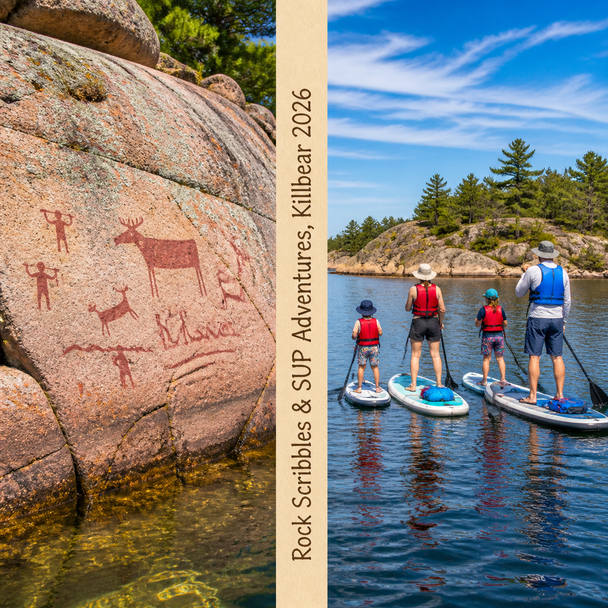 () editorial photo-illustration showing a split-scene composition: left half features a close-up of ancient Indigenous rock