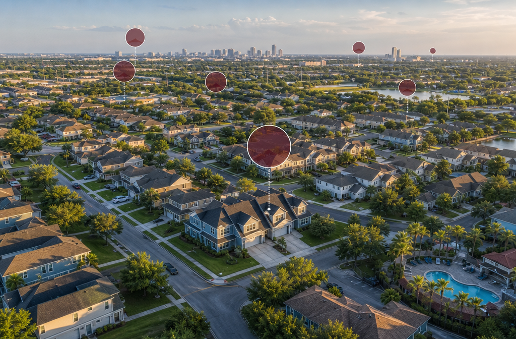 Wide-angle aerial photograph of a vibrant Sun Belt neighborhood with rows of well-maintained rental homes, a property