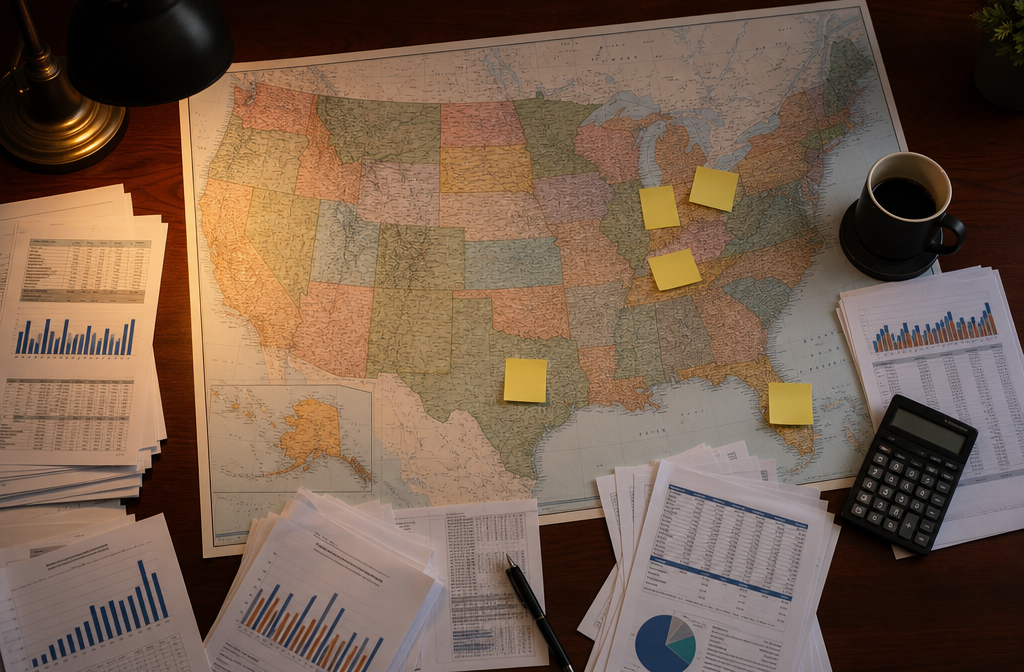 Flat-lay styled financial data visualization scene showing a large physical map of the United States spread on a dark