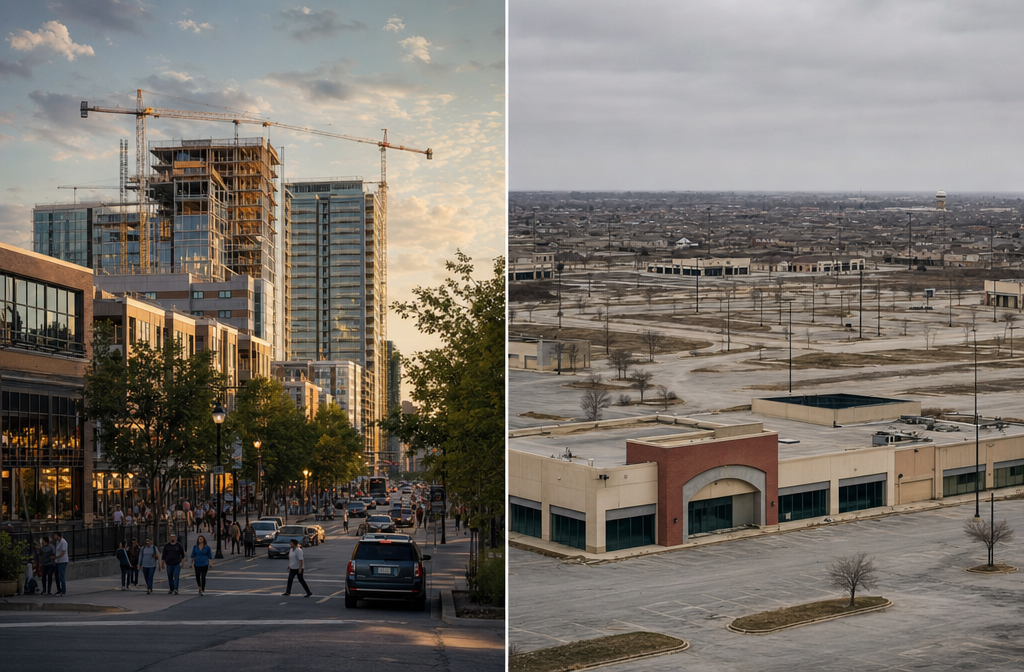 Split-scene composition showing two contrasting real estate investment scenarios side by side, left side showing a thriving