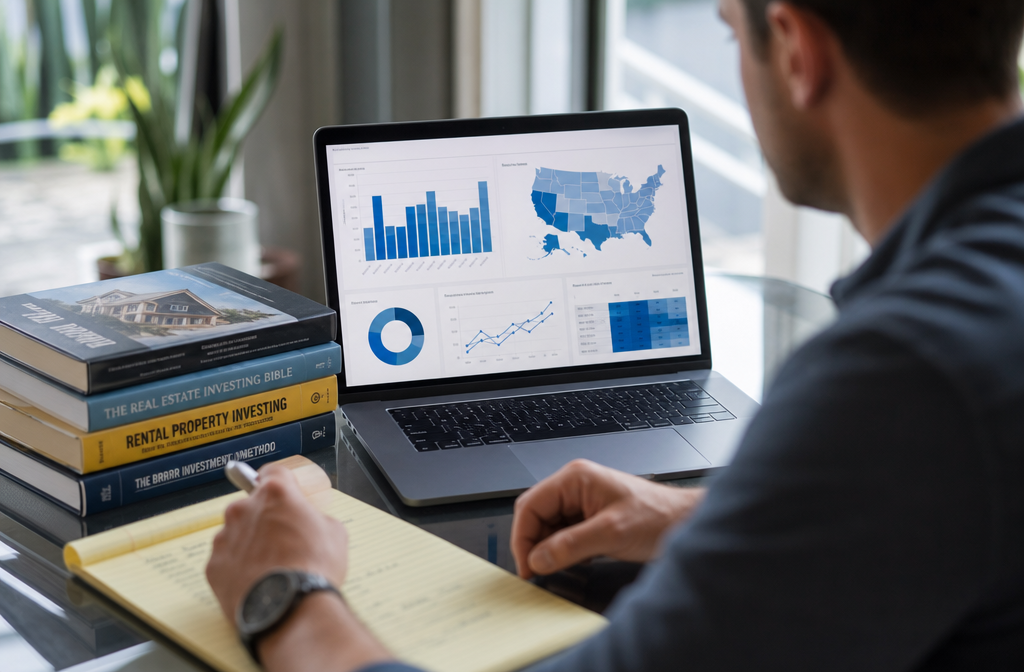 Close-up scene of a real estate investor sitting at a modern glass desk reviewing a laptop screen showing rental income