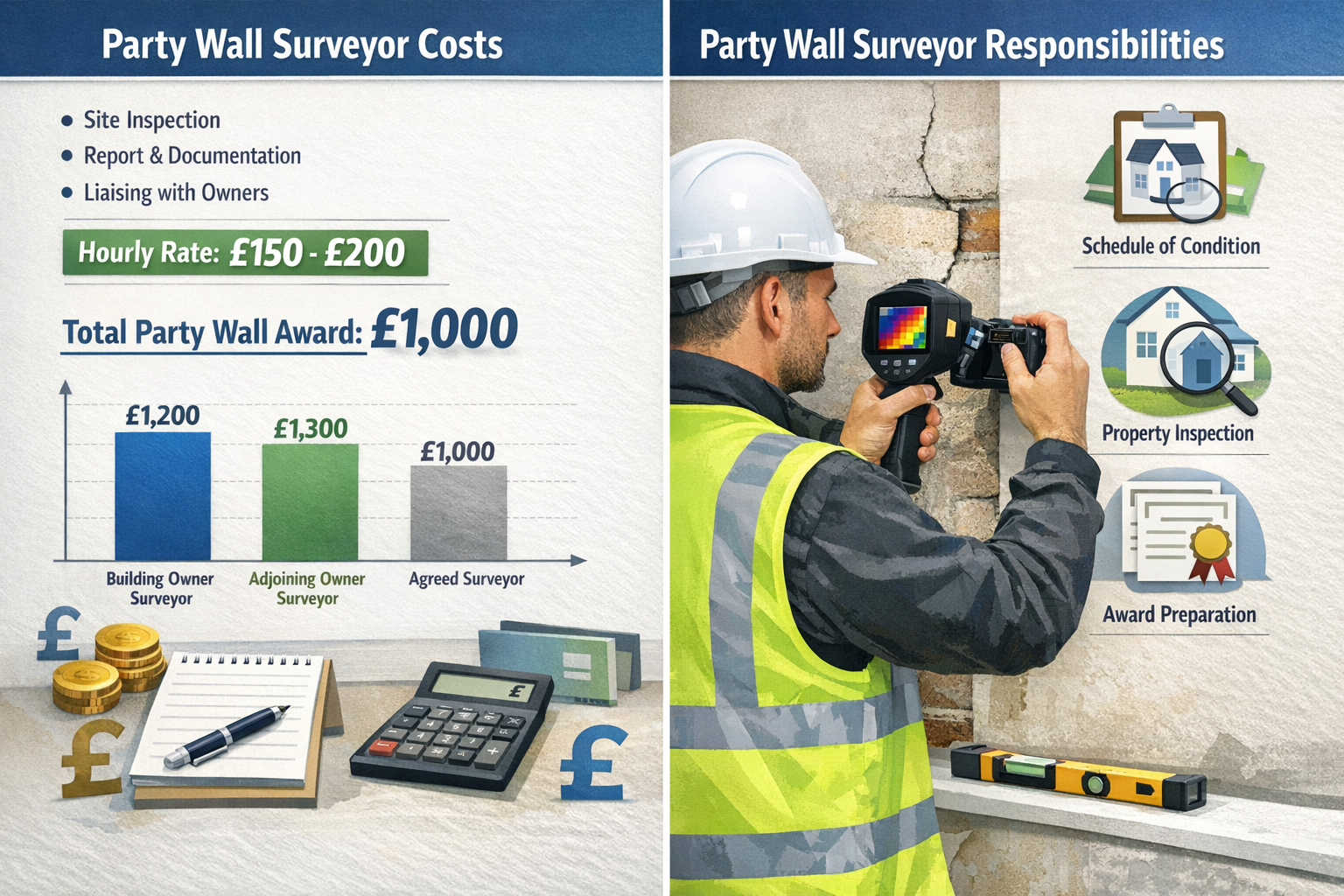 () split-screen comparison showing party wall surveyor cost breakdown and responsibilities. Left side displays itemized cost