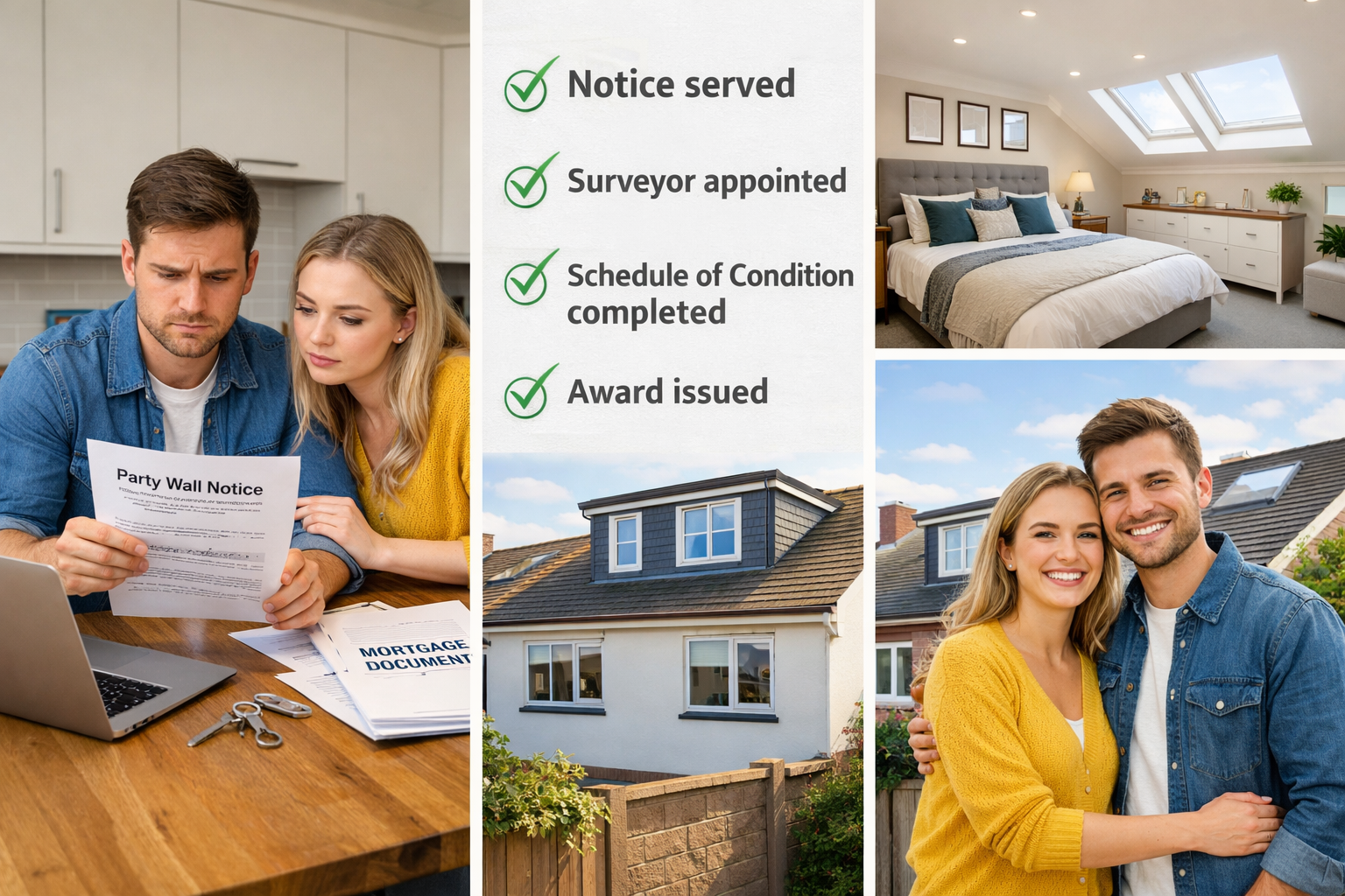 () before-and-after style image showing proper party wall compliance process for first-time buyers. Left panel displays