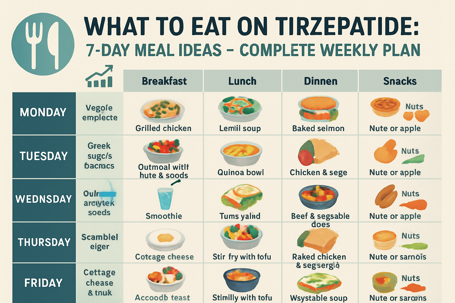 Professional landscape infographic (1536x1024) for article "What to Eat on Tirzepatide: 7‑Day Meal Ideas for Optimal Results", section: "Wha