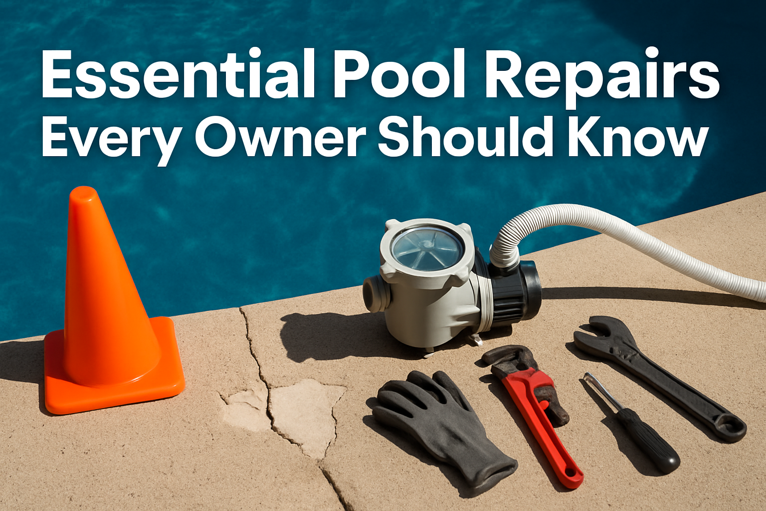 Professional landscape hero image (1536x1024) featuring bold text overlay 'Essential Pool Repairs Every Owner Should Know' in extra large 72
