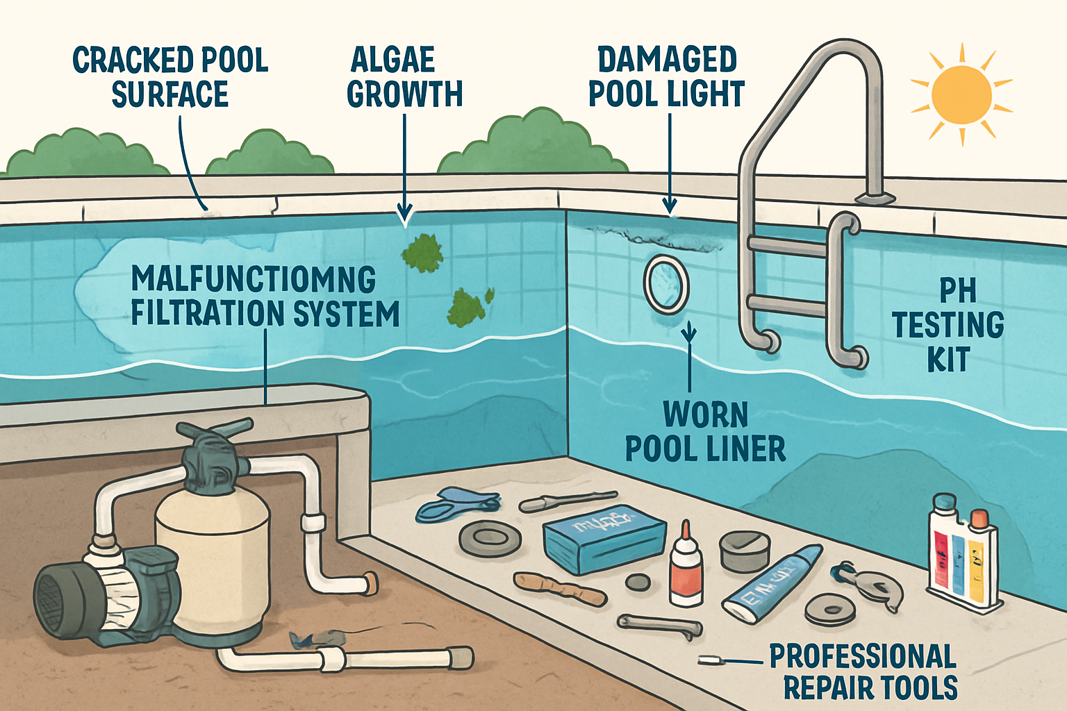 Detailed cross-section illustration of swimming pool showing common problem areas: cracked pool surface with visible stress lines, malfuncti