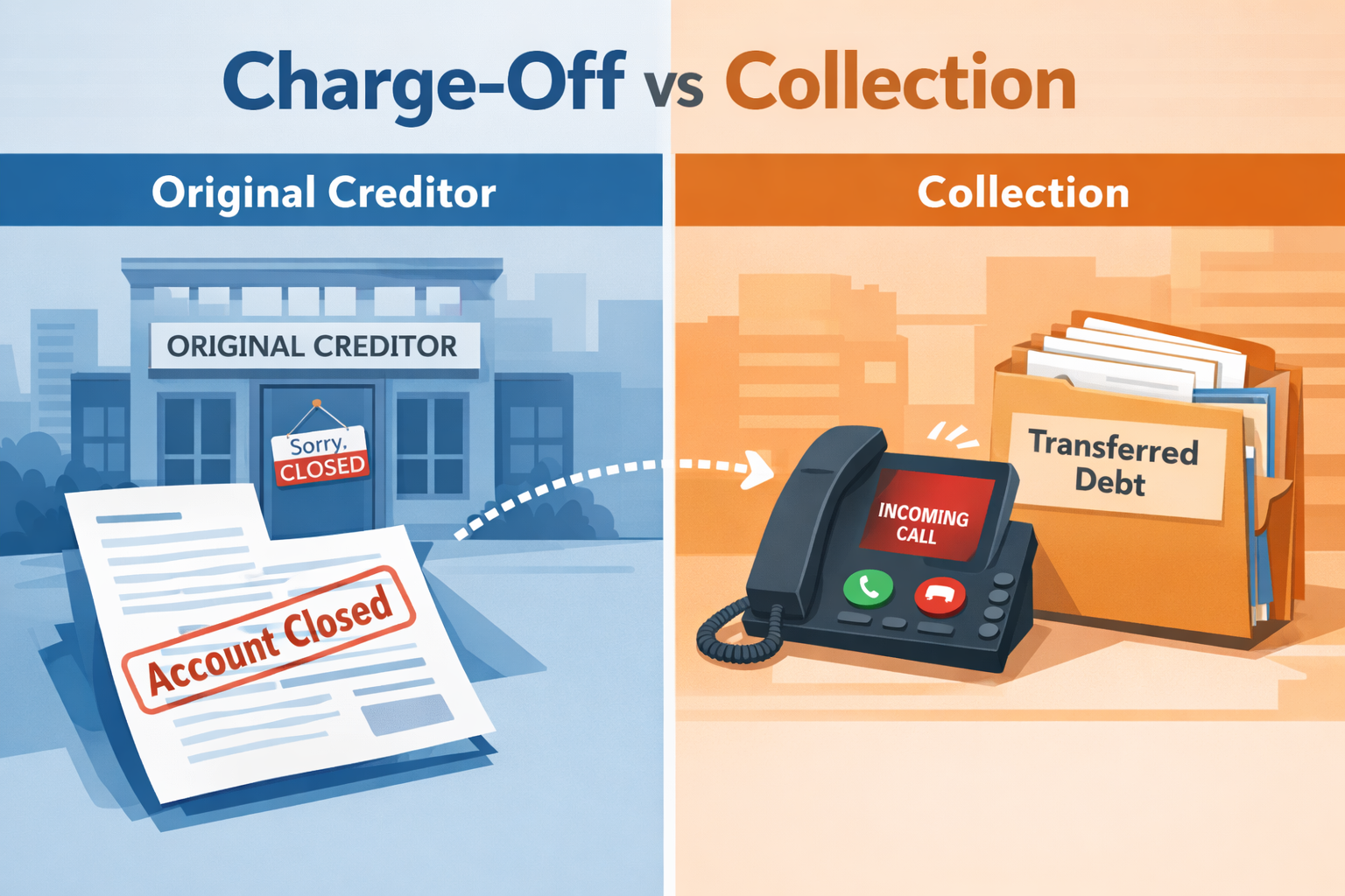 For Cover IMAGE only (3:2) Concept: Credit report page with “Charged Off” highlighted in red and a recovery arrow rising upward beside it. D