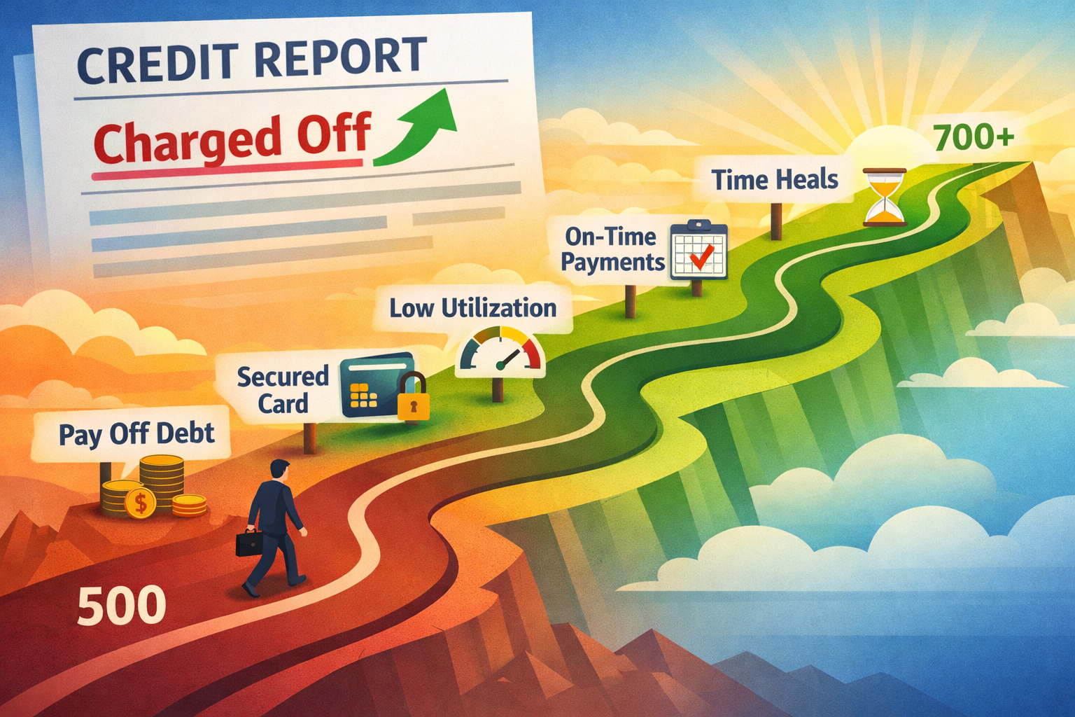 For Cover IMAGE only (3:2) Concept: Credit report page with “Charged Off” highlighted in red and a recovery arrow rising upward beside it. D