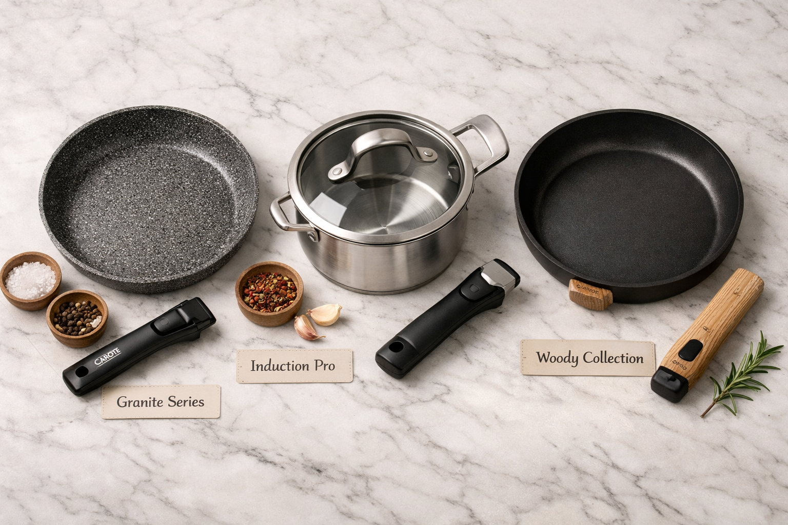 Landscape format (1536x1024) detailed flat-lay photograph of multiple Carote cookware product lines arranged on a marble countertop including the granite series frying pan, Induction Pro saucepan, and Woody collection skillet, each with their distinctive removable handles detached and placed beside them, small label tags identifying each series, soft overhead studio lighting, clean minimalist background, product catalog aesthetic with warm tones and slight shadows for depth, editorial product photography style