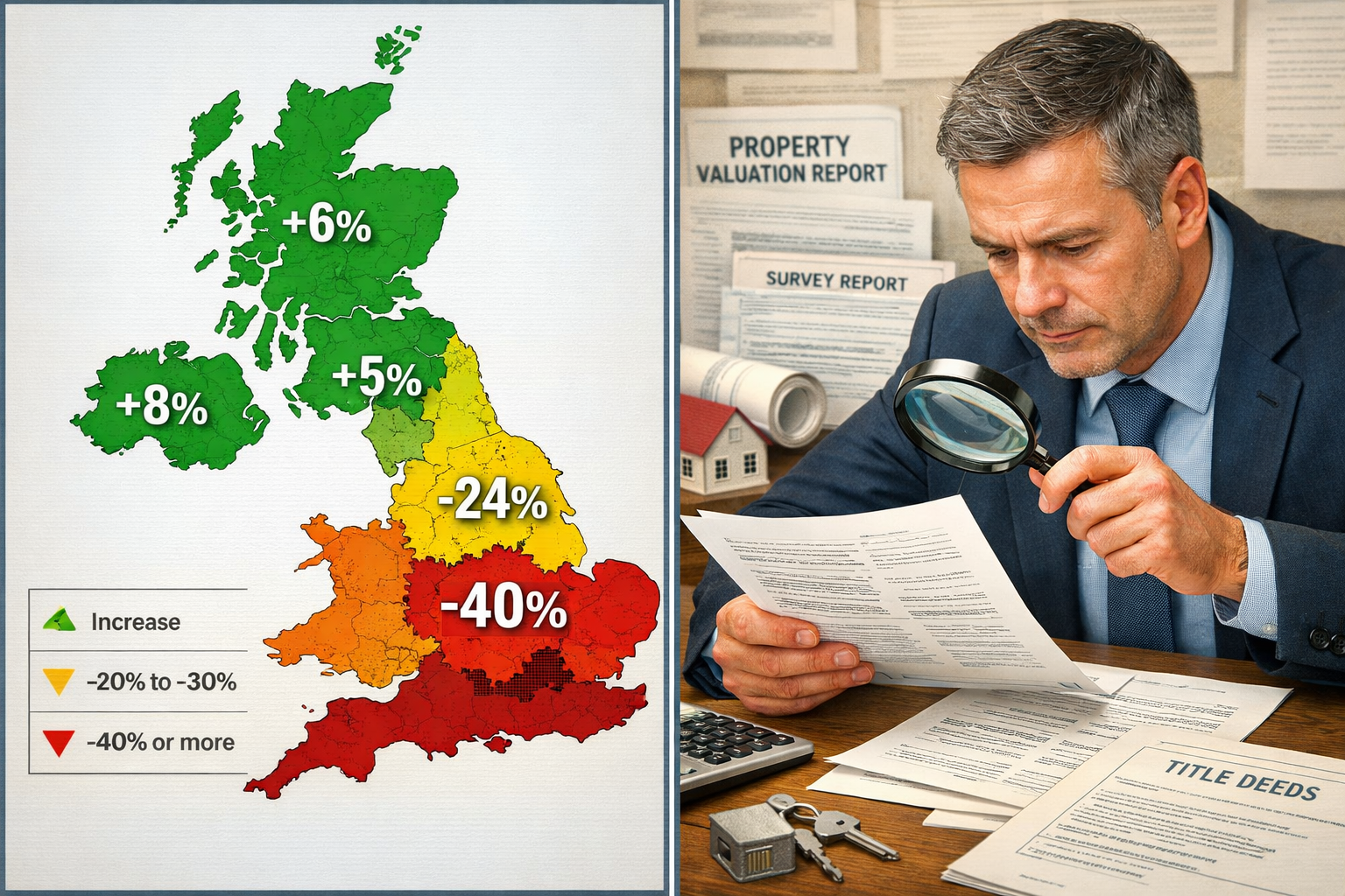 () split-screen composition showing UK regional property market divergence map. Left side displays heat map of UK with