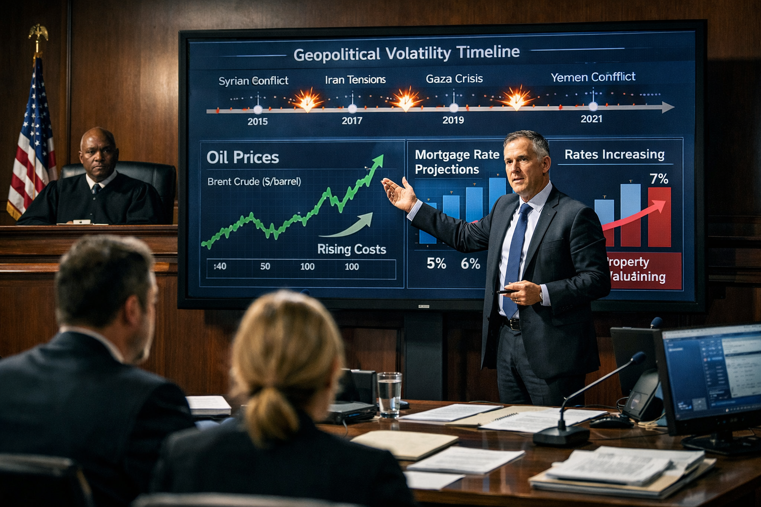 () professional courtroom scene showing expert witness presenting evidence on large digital screen. Screen displays