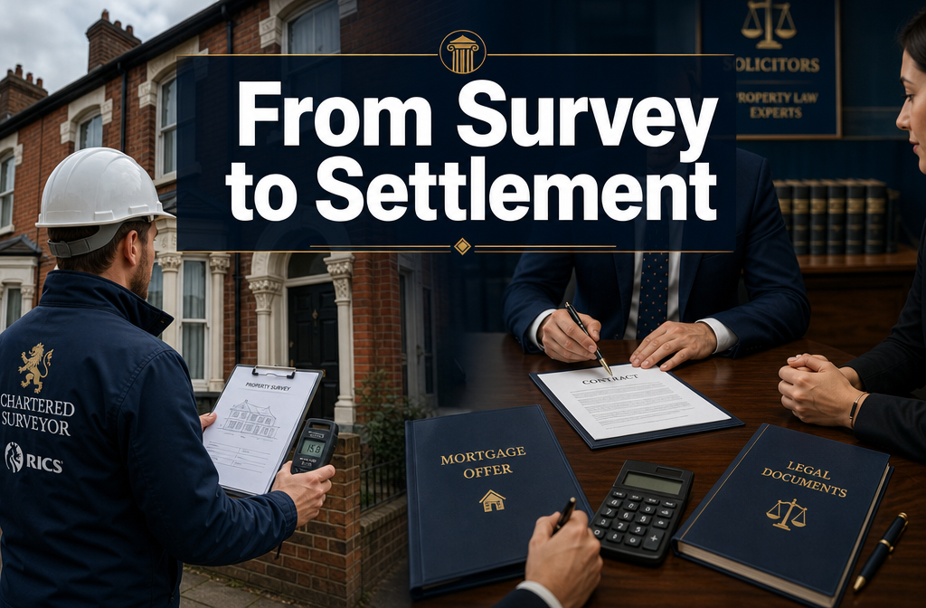 Professional () hero image with : 'From Survey to Settlement' in extra large white with dark semi-transparent background