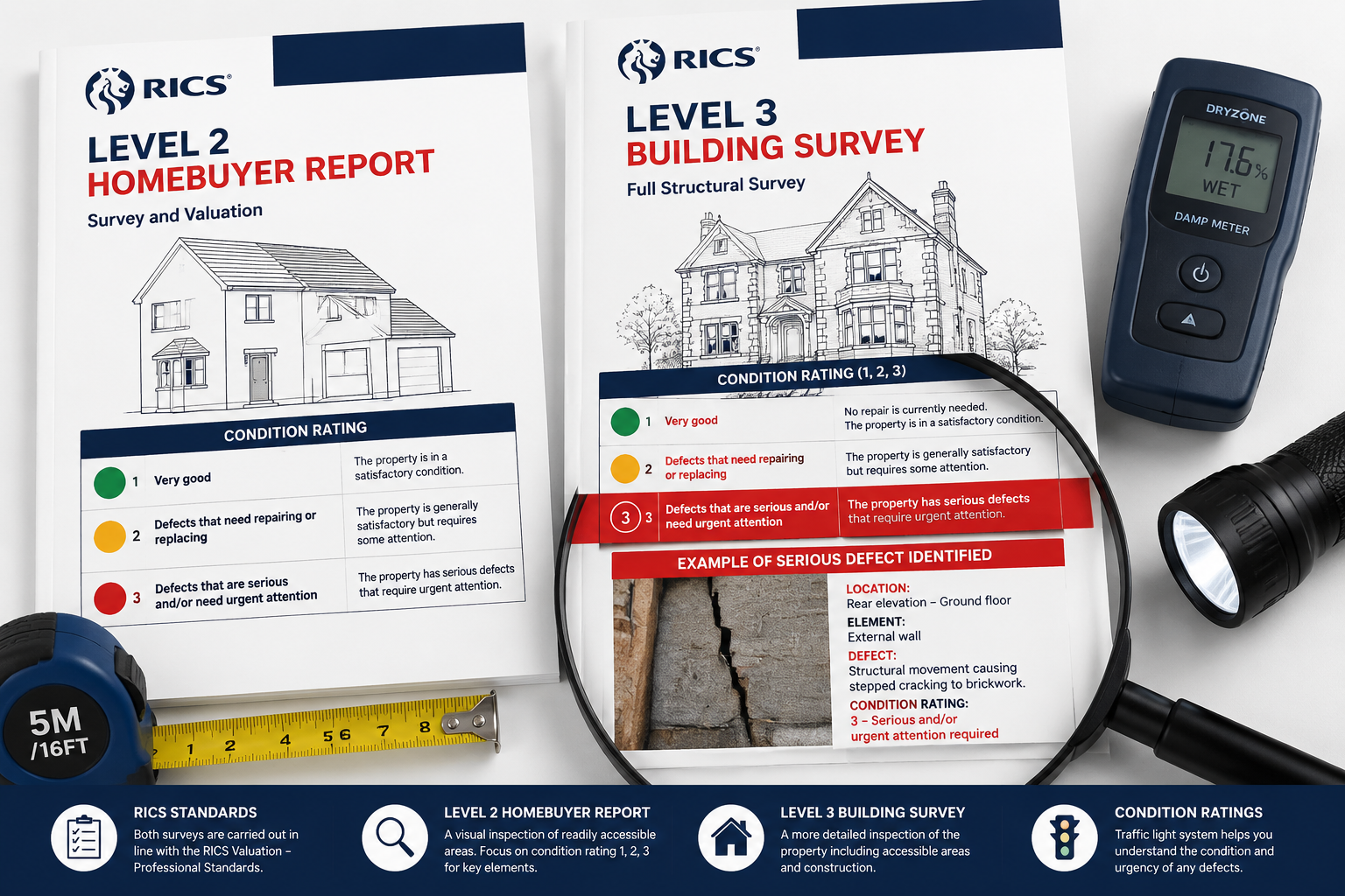 Detailed () infographic-style illustration showing two RICS survey report covers side by side — Level 2 HomeBuyer Report and
