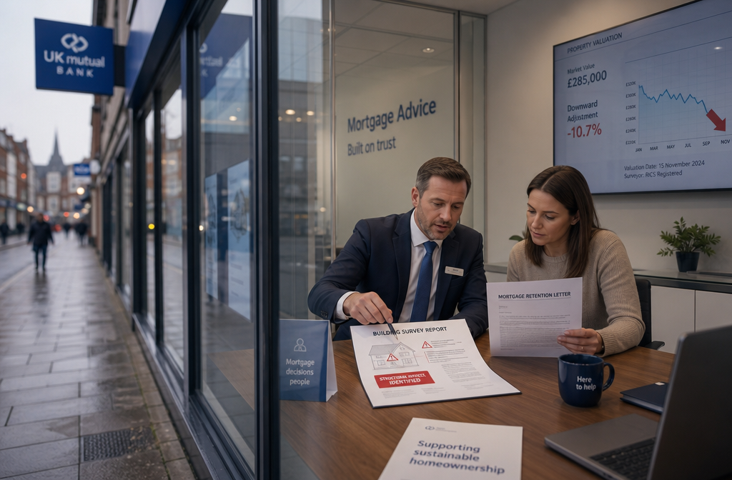Wide-angle () showing a UK high street bank branch exterior transitioning into a mortgage advisor's glass-walled office