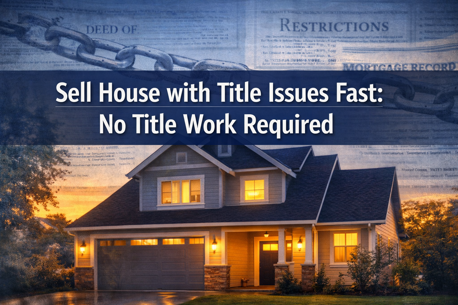 Professional landscape format (1536x1024) hero image with bold text overlay 'Sell House with Title Issues Fast: No Title Work Required' in e