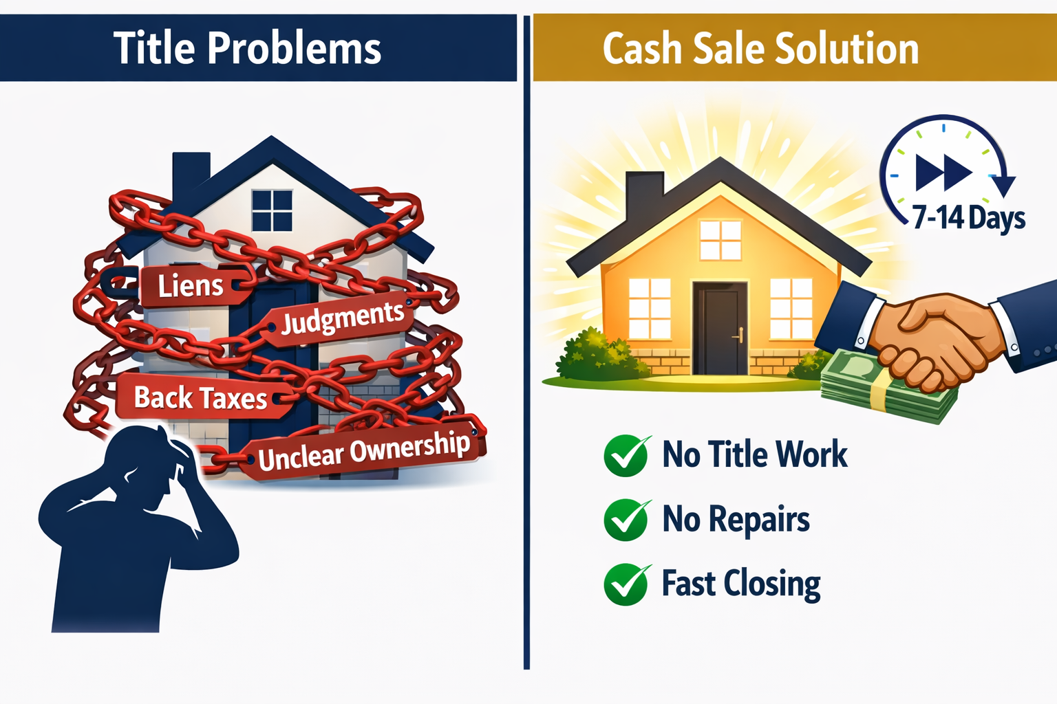 Landscape format (1536x1024) detailed illustration showing comparison split-screen: left side displays tangled red chains labeled 'liens,' '
